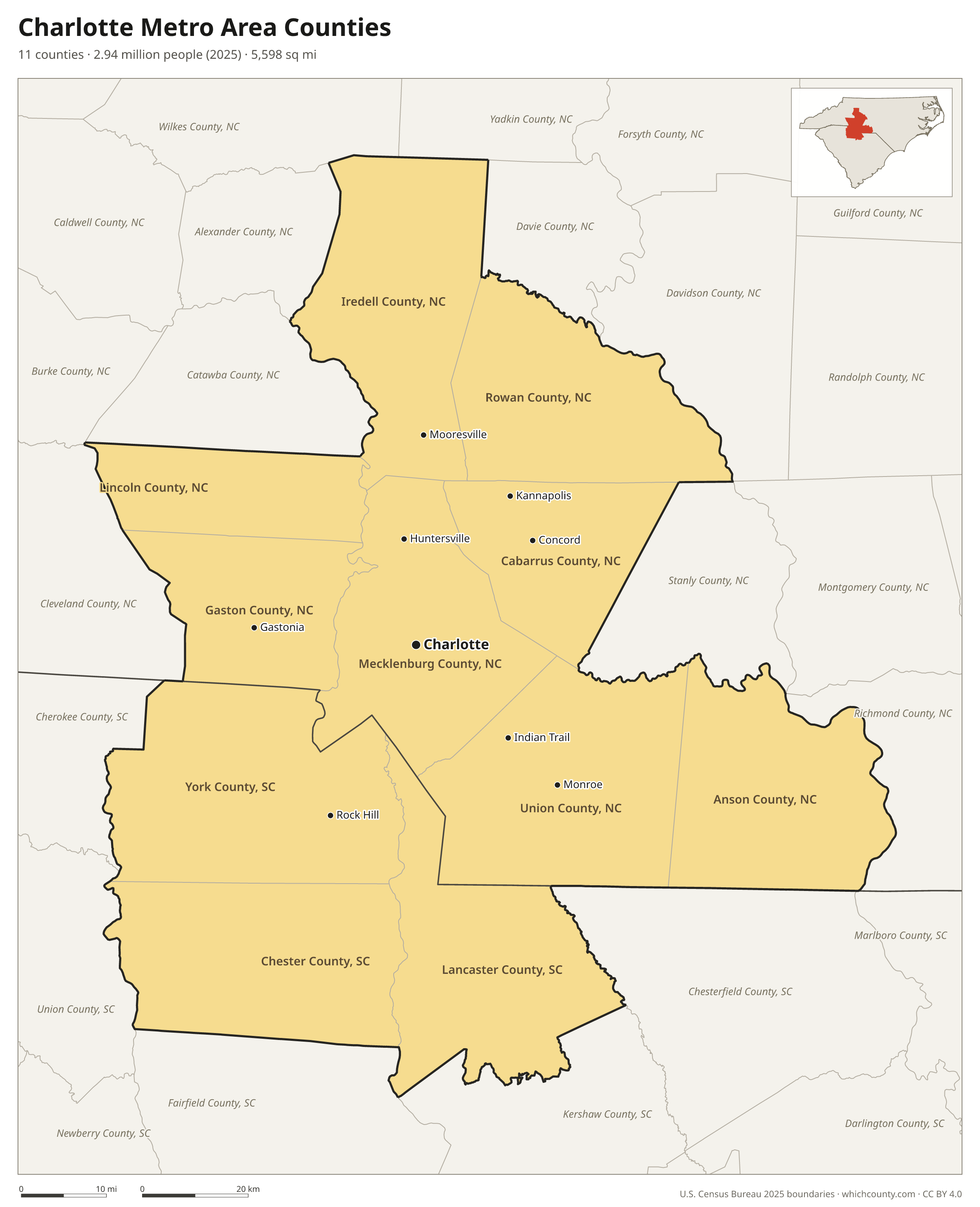 Map of the 11 counties of the Charlotte metro area with county names and major cities