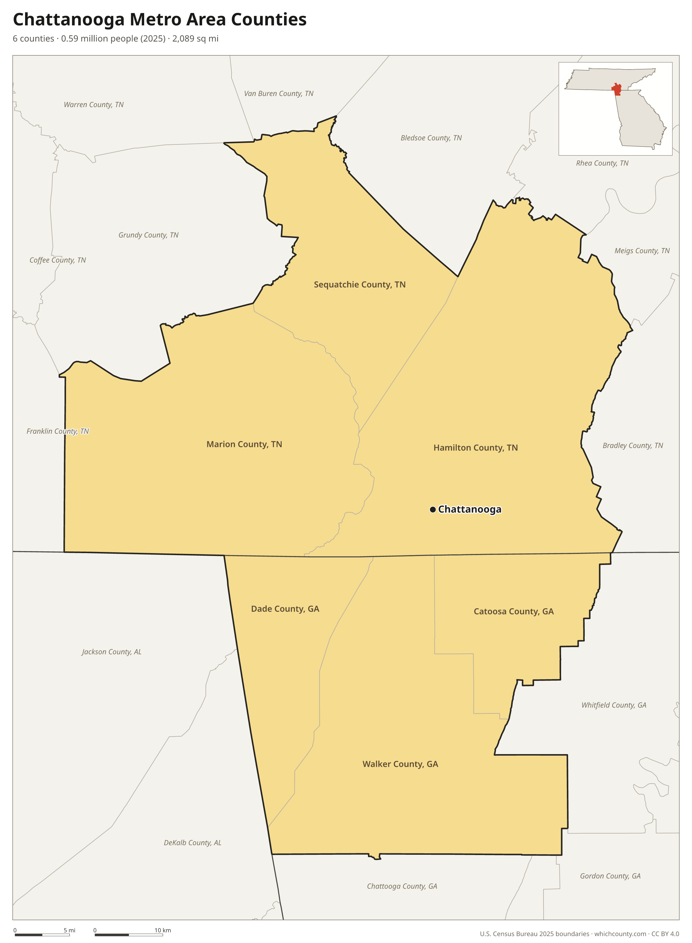 Map of the 6 counties of the Chattanooga metro area with county names and major cities