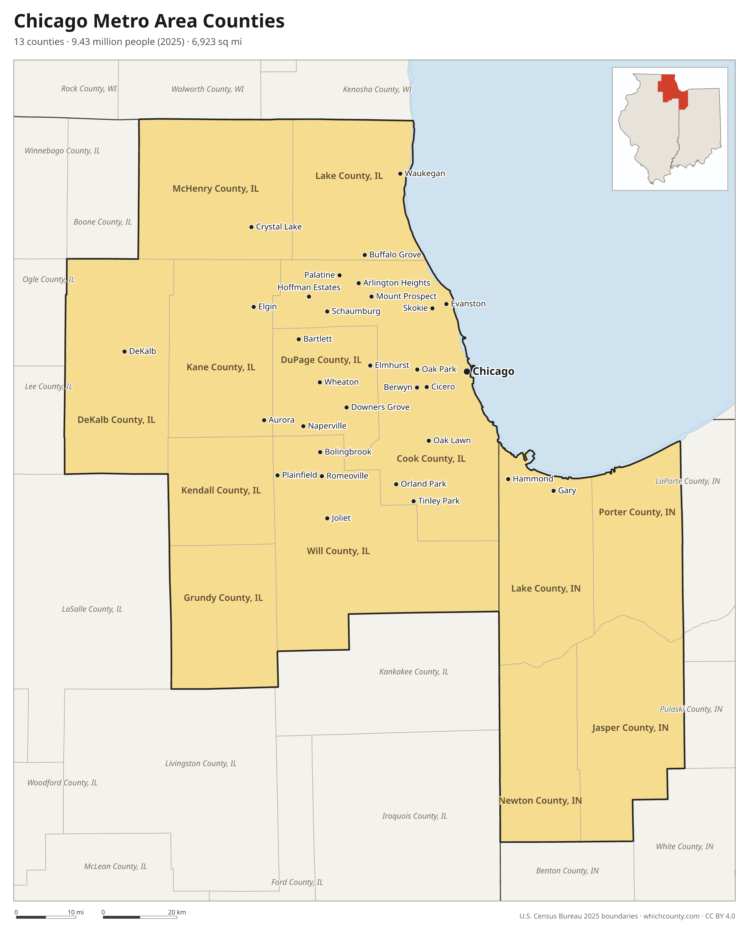 Map of the 13 counties of the Chicago metro area with county names and major cities