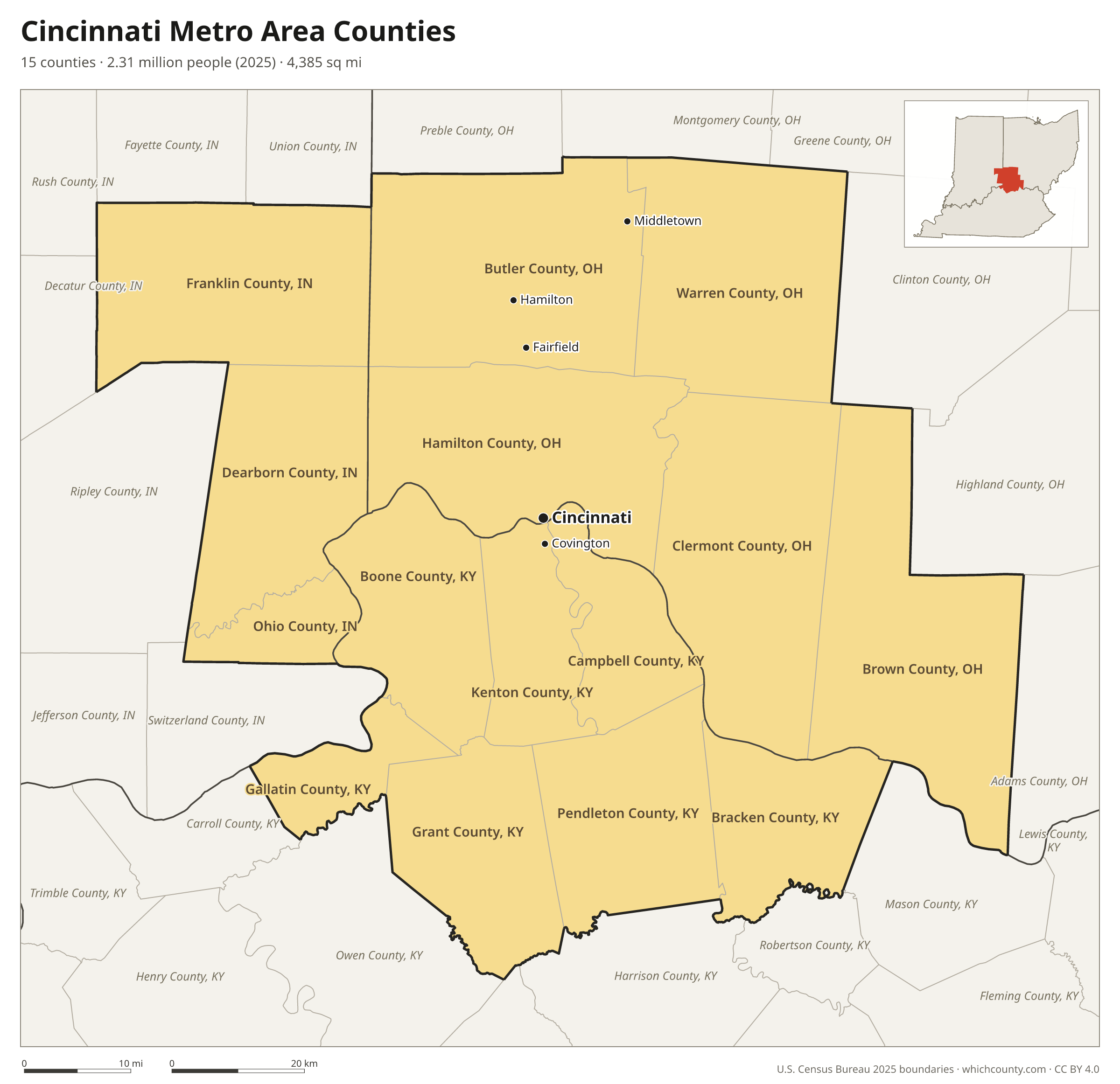 Map of the 15 counties of the Cincinnati metro area with county names and major cities