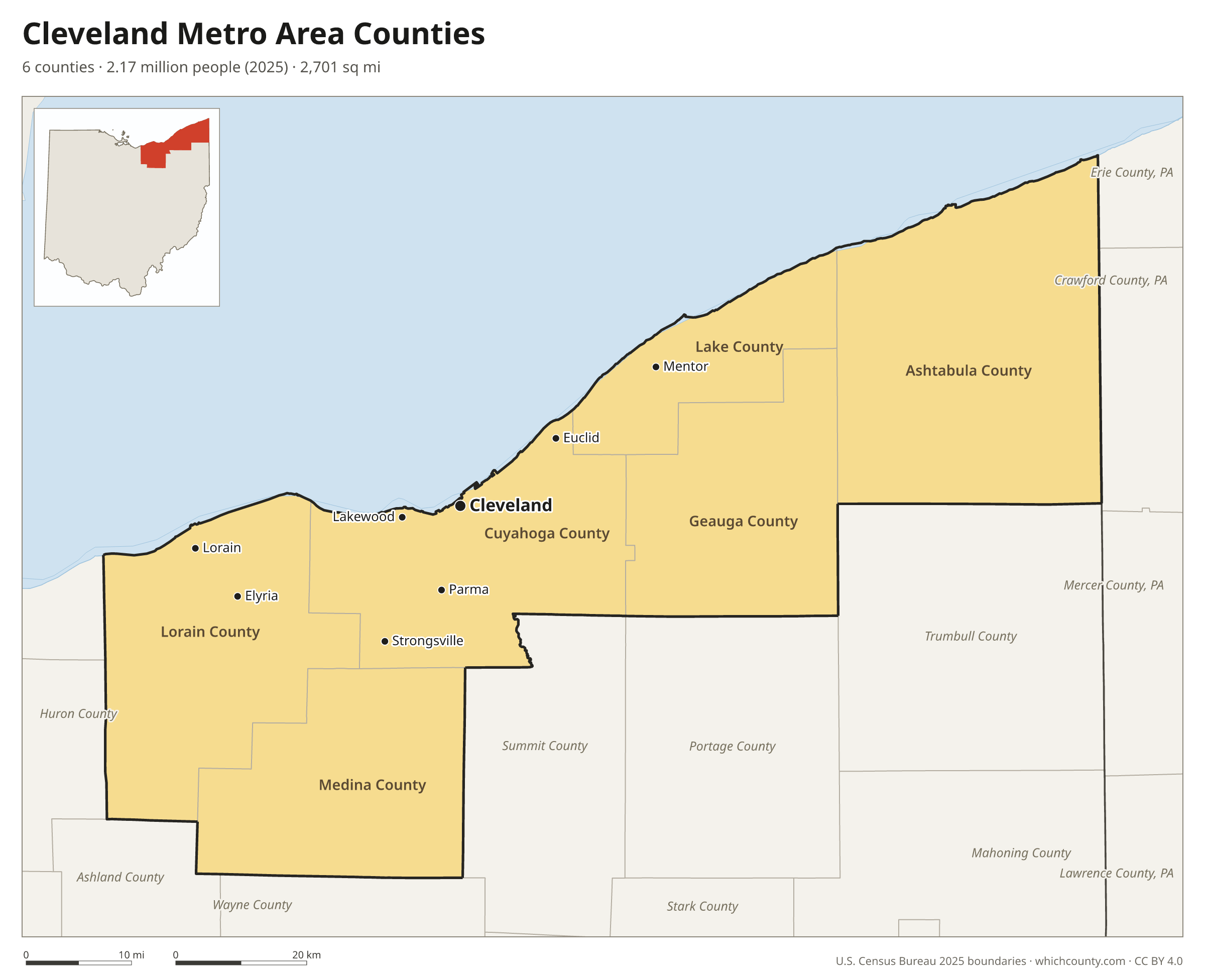 Map of the 6 counties of the Cleveland metro area with county names and major cities