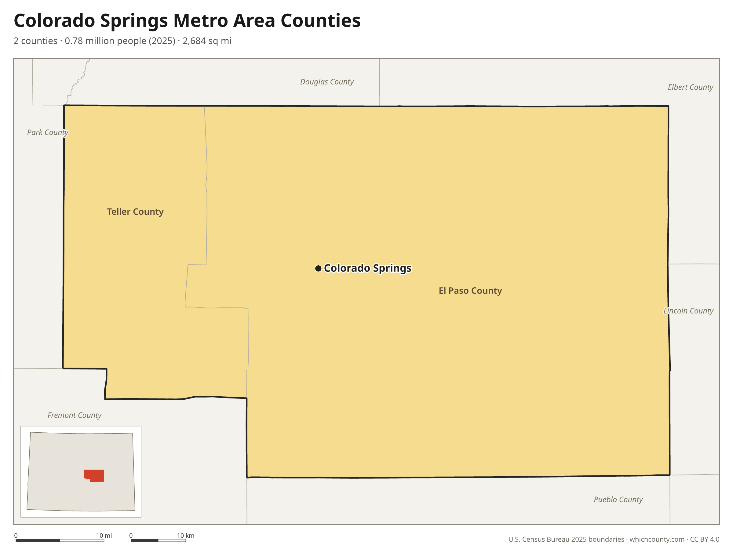 Map of the 2 counties of the Colorado Springs metro area with county names and major cities