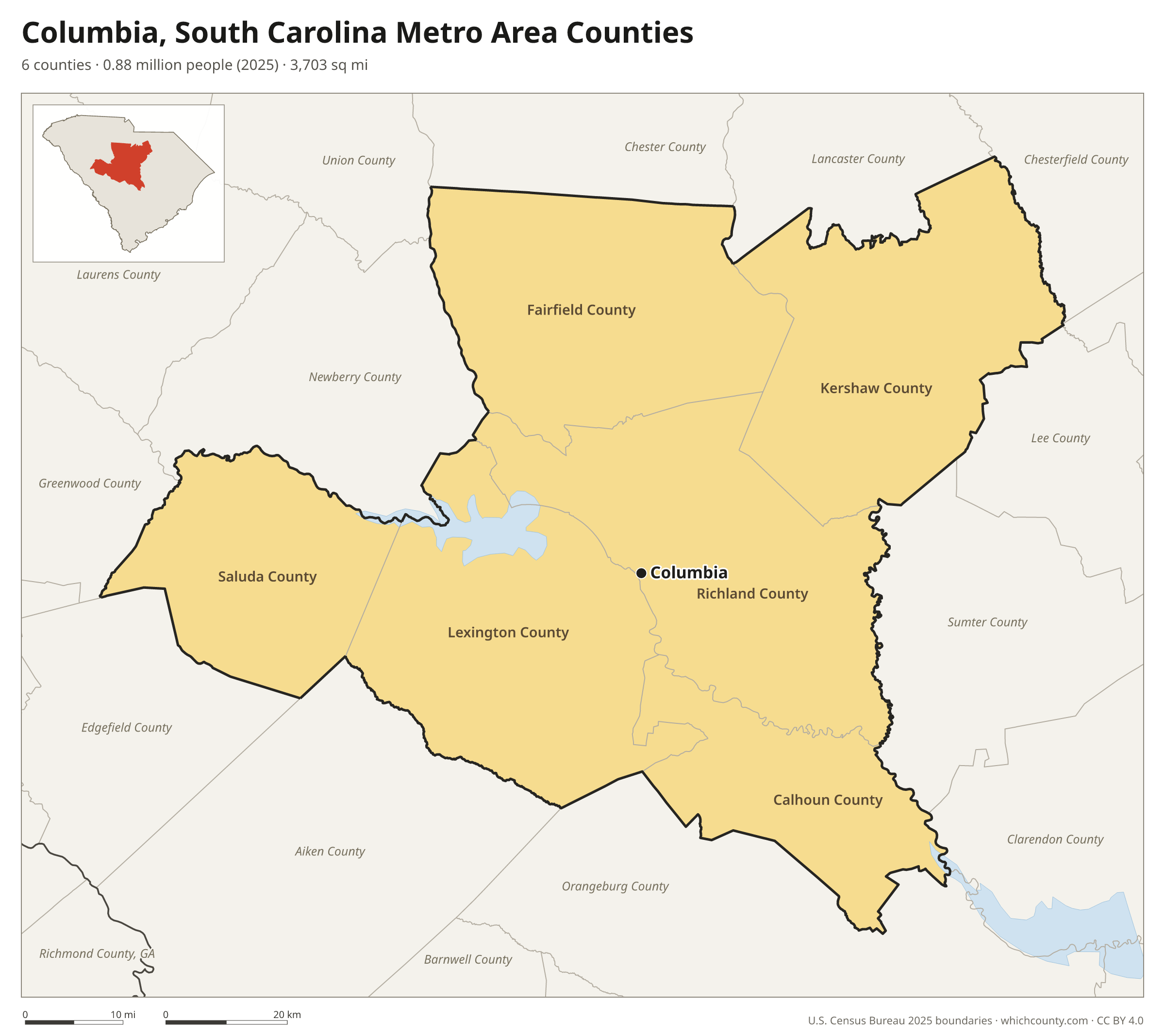 Map of the 6 counties of the Columbia, South Carolina metro area with county names and major cities