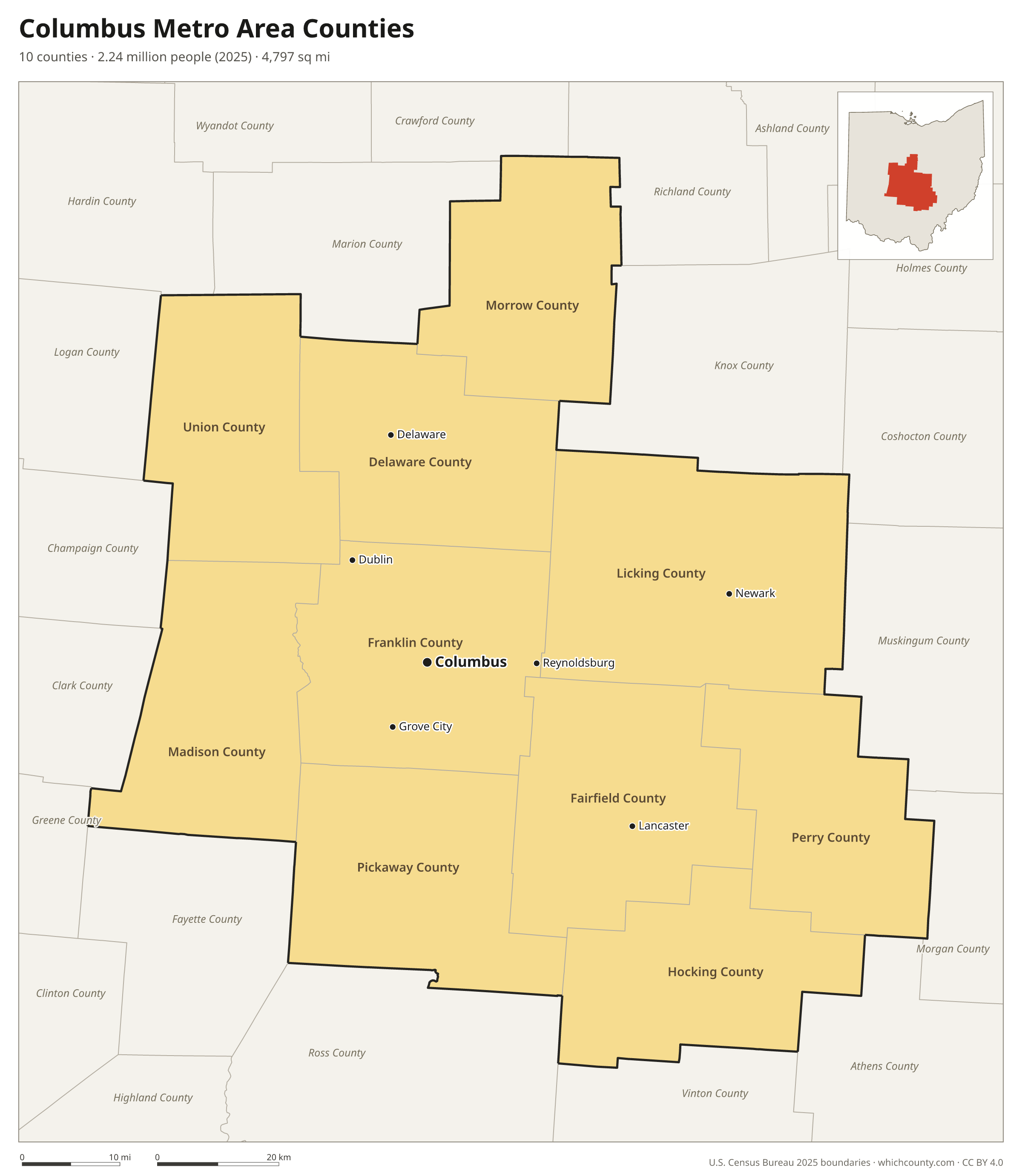 Map of the 10 counties of the Columbus metro area with county names and major cities
