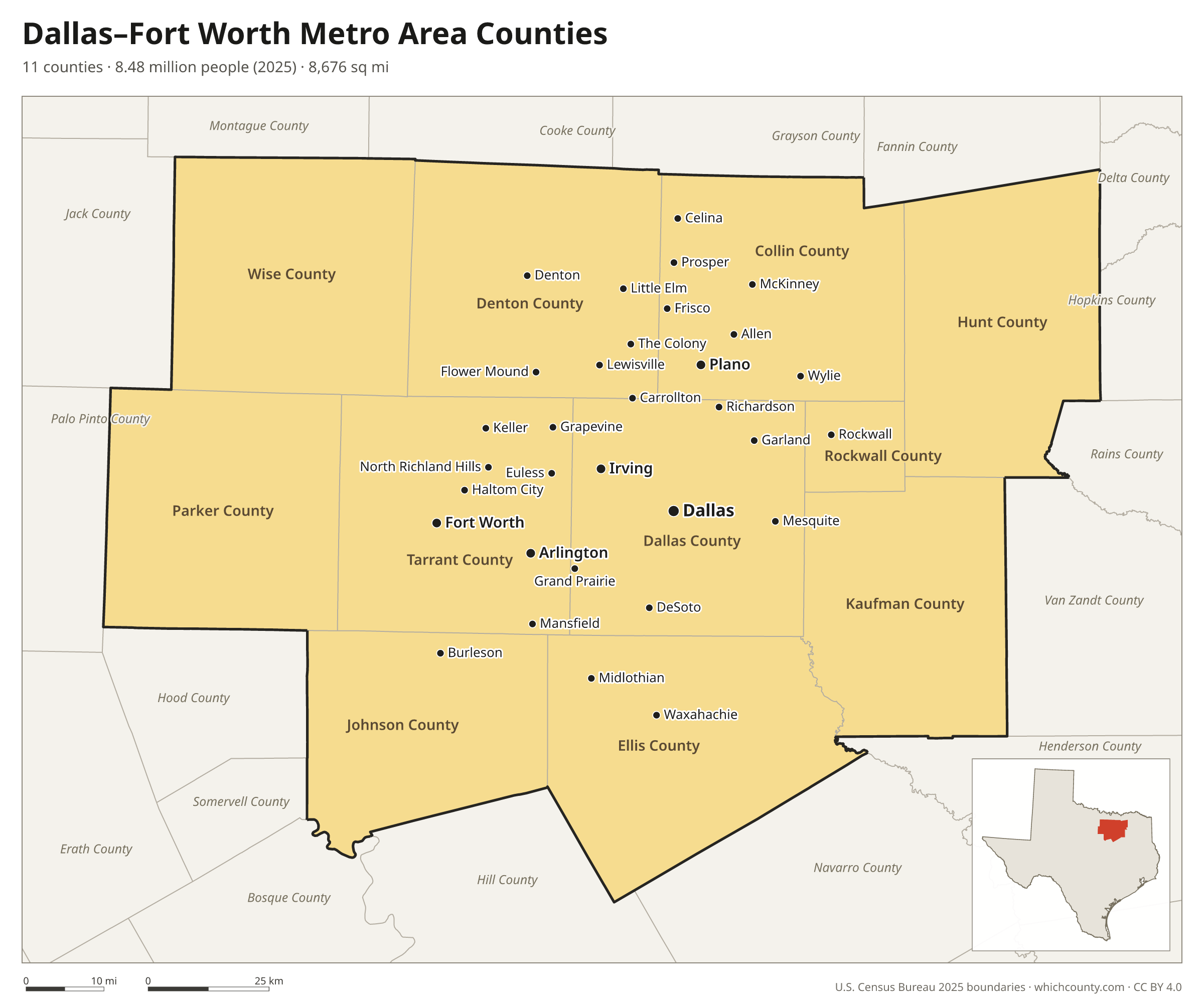 Map of the 11 counties of the Dallas–Fort Worth metro area with county names and major cities