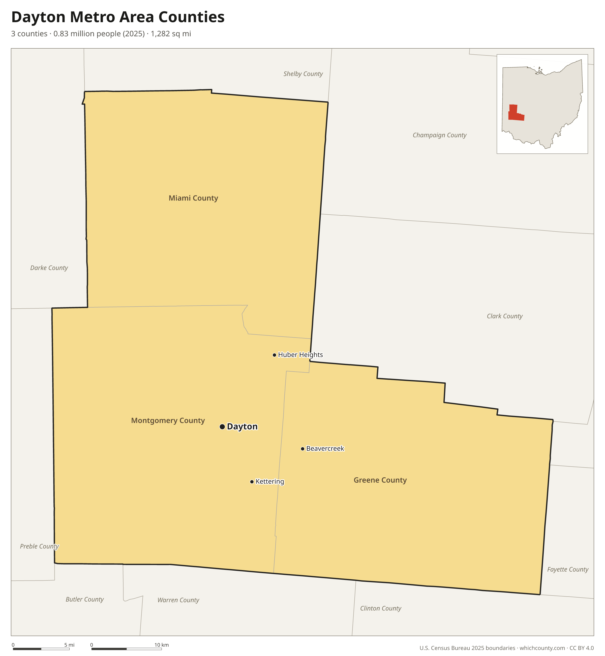 Map of the 3 counties of the Dayton metro area with county names and major cities