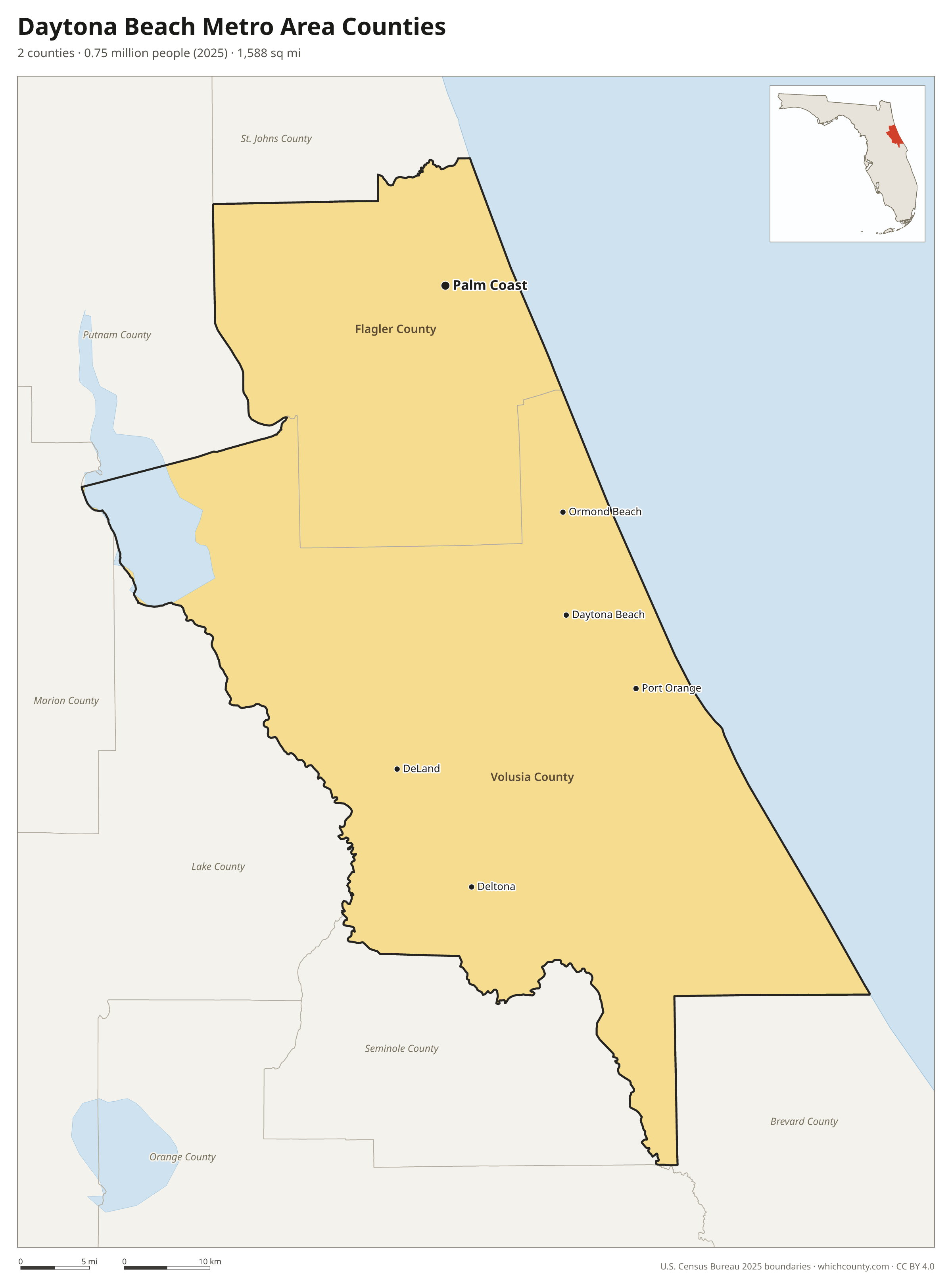 Map of the 2 counties of the Daytona Beach metro area with county names and major cities