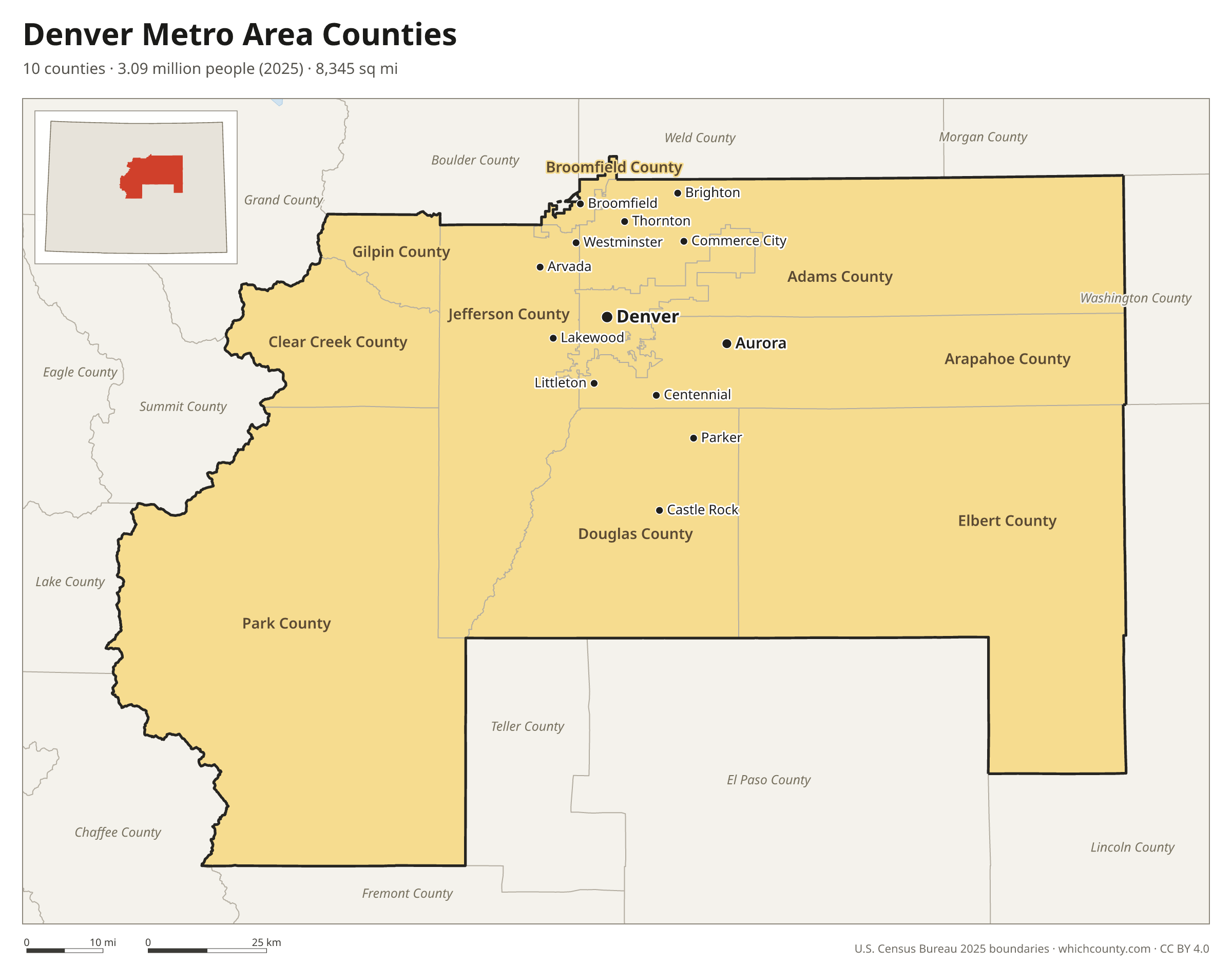 Map of the 10 counties of the Denver metro area with county names and major cities