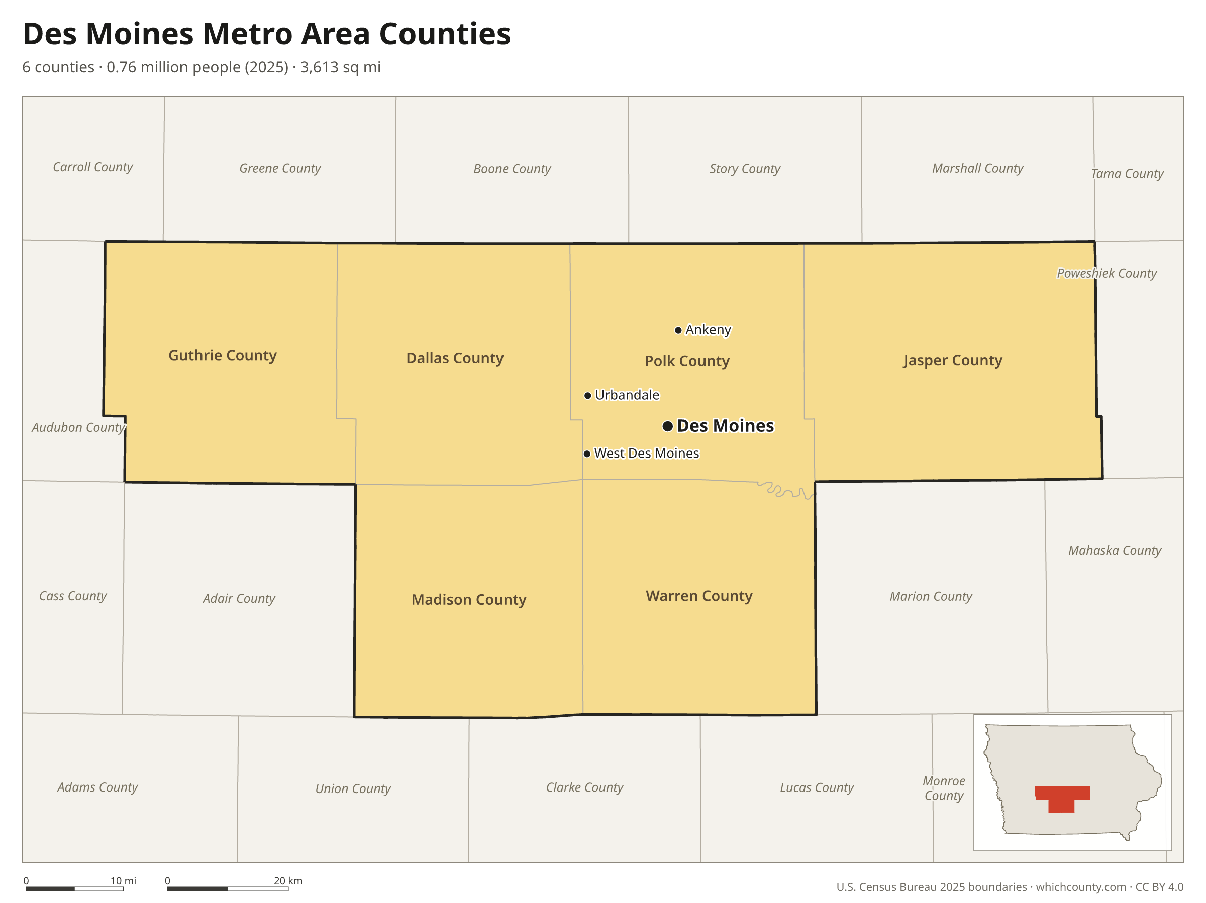 Map of the 6 counties of the Des Moines metro area with county names and major cities