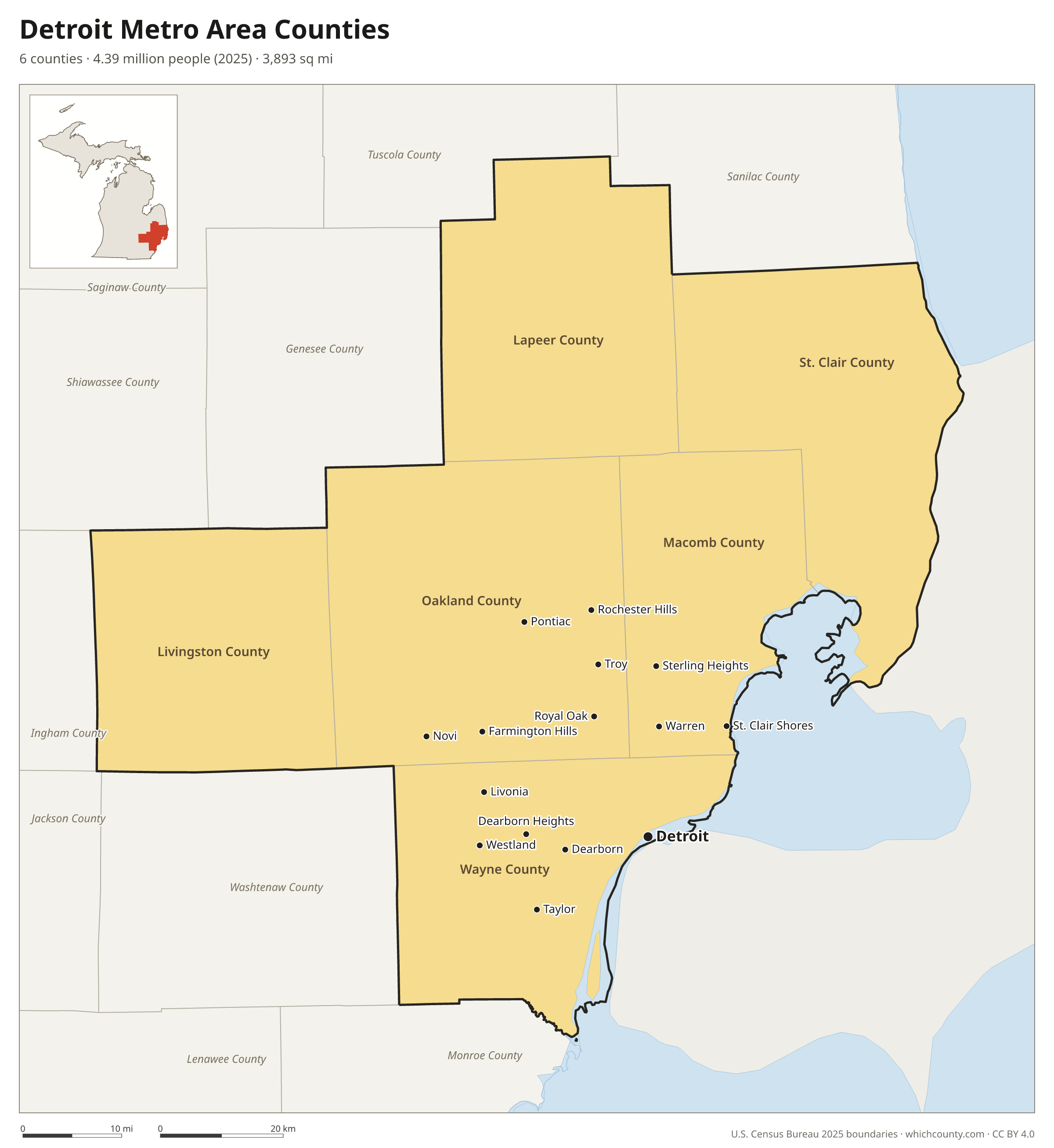 Map of the 6 counties of the Detroit metro area with county names and major cities