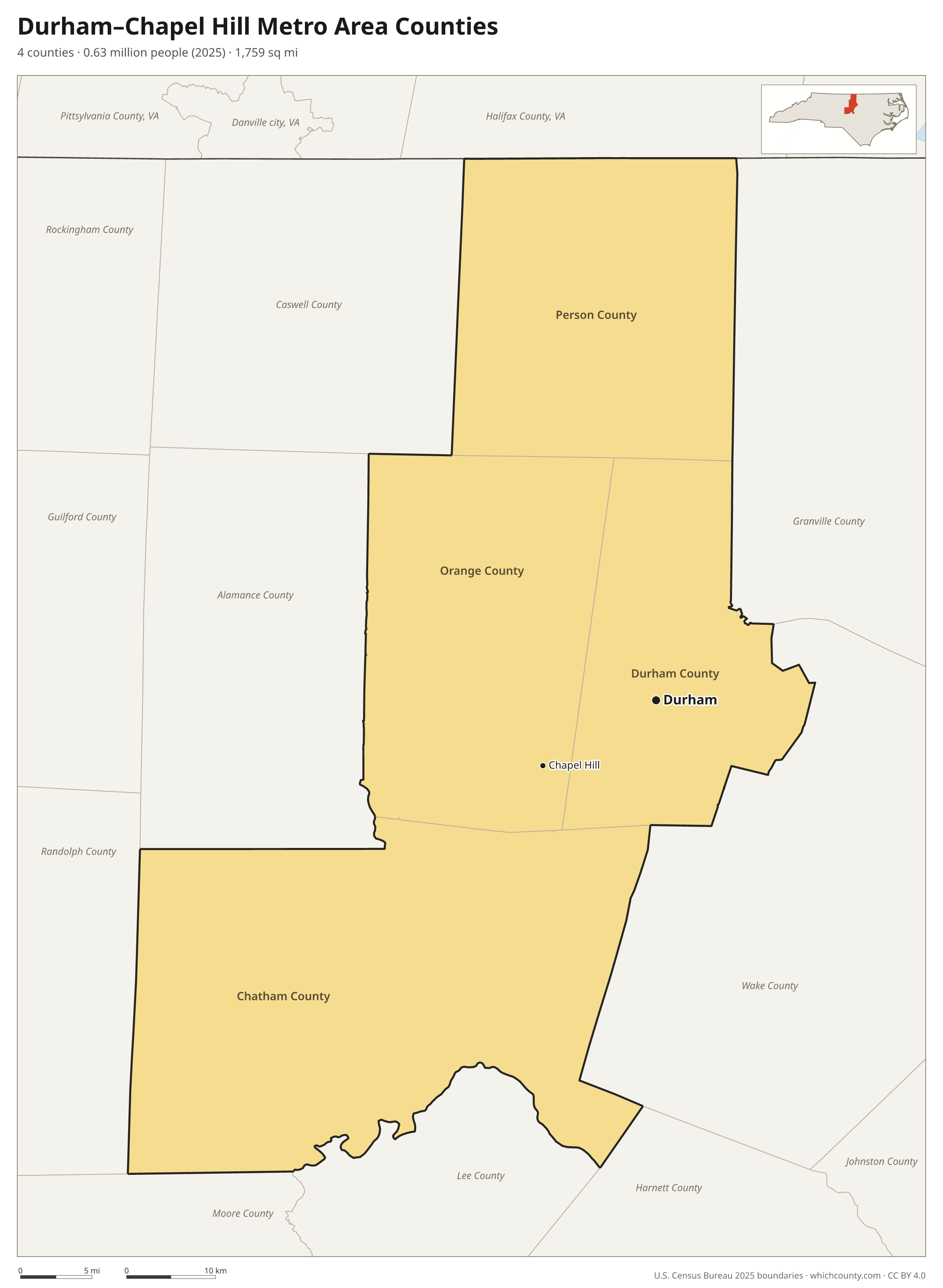 Map of the 4 counties of the Durham–Chapel Hill metro area with county names and major cities