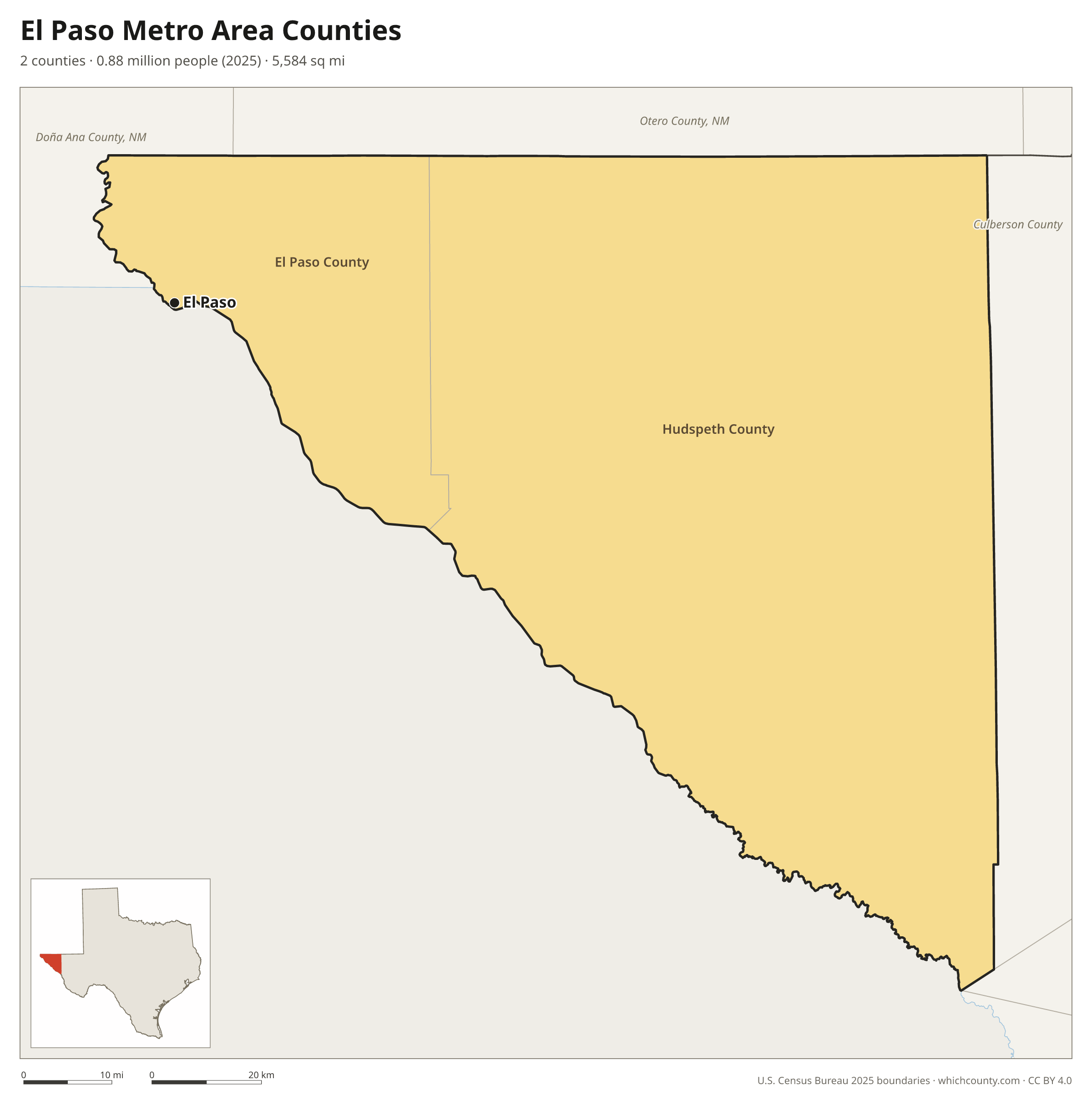 Map of the 2 counties of the El Paso metro area with county names and major cities