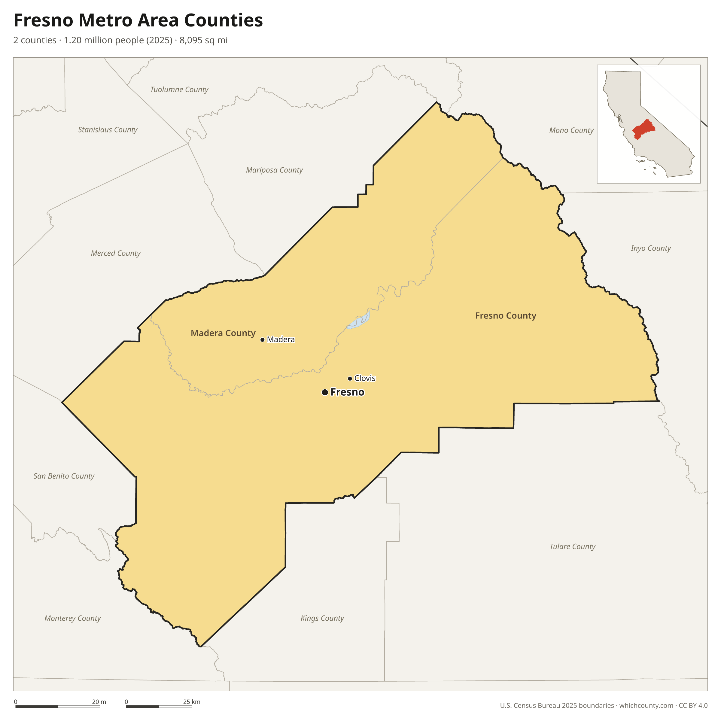 Map of the 2 counties of the Fresno metro area with county names and major cities