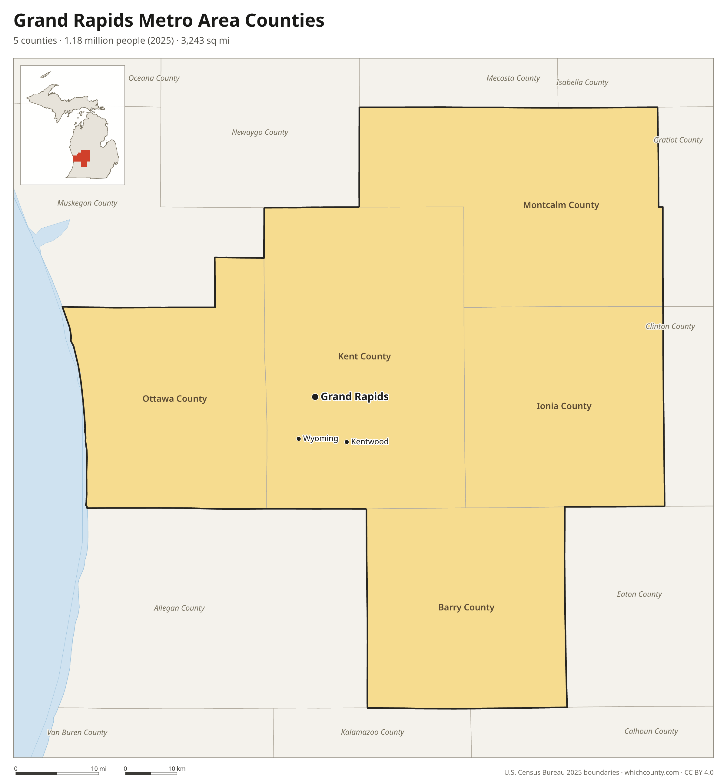 Map of the 5 counties of the Grand Rapids metro area with county names and major cities