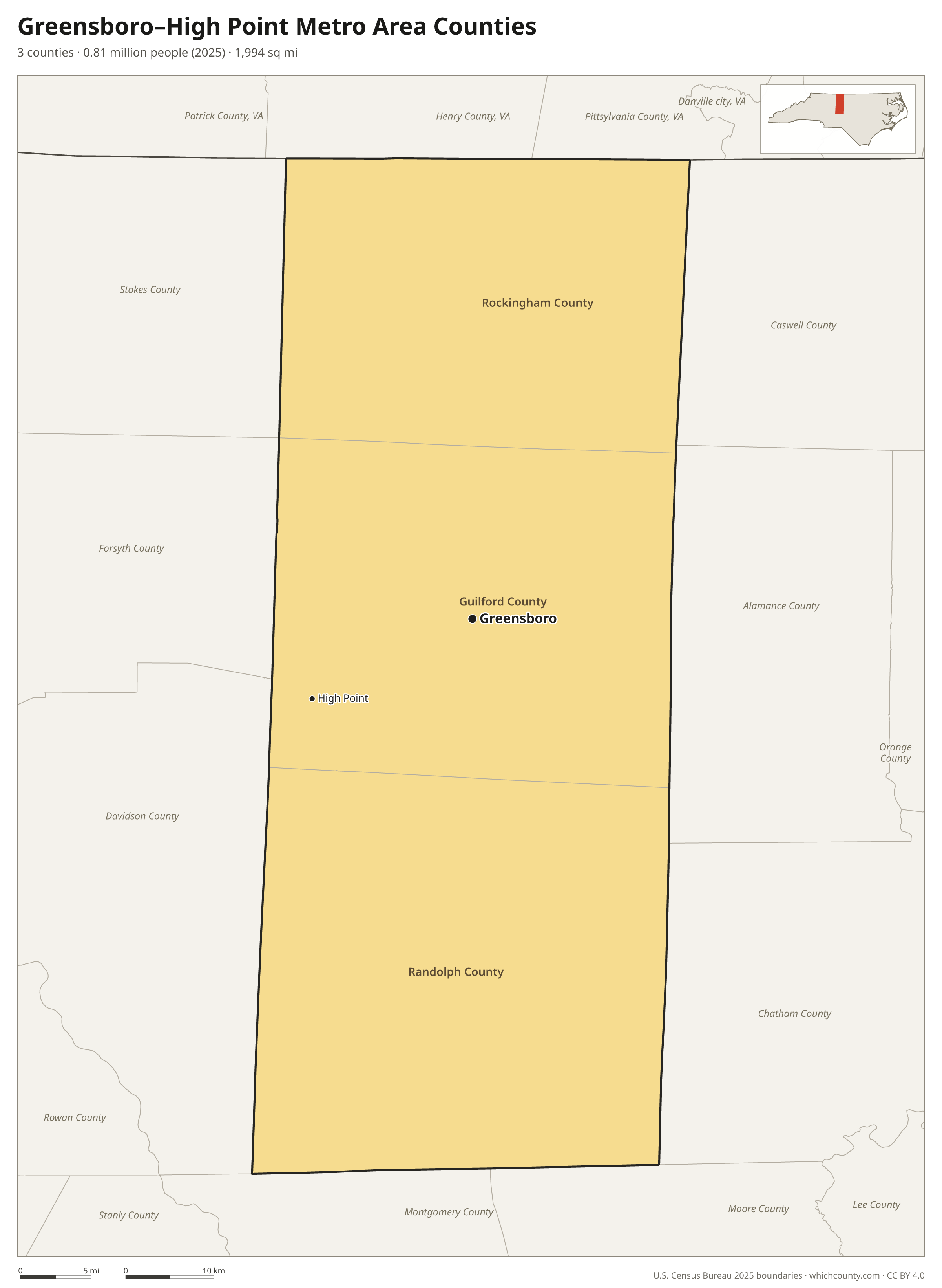 Map of the 3 counties of the Greensboro–High Point metro area with county names and major cities