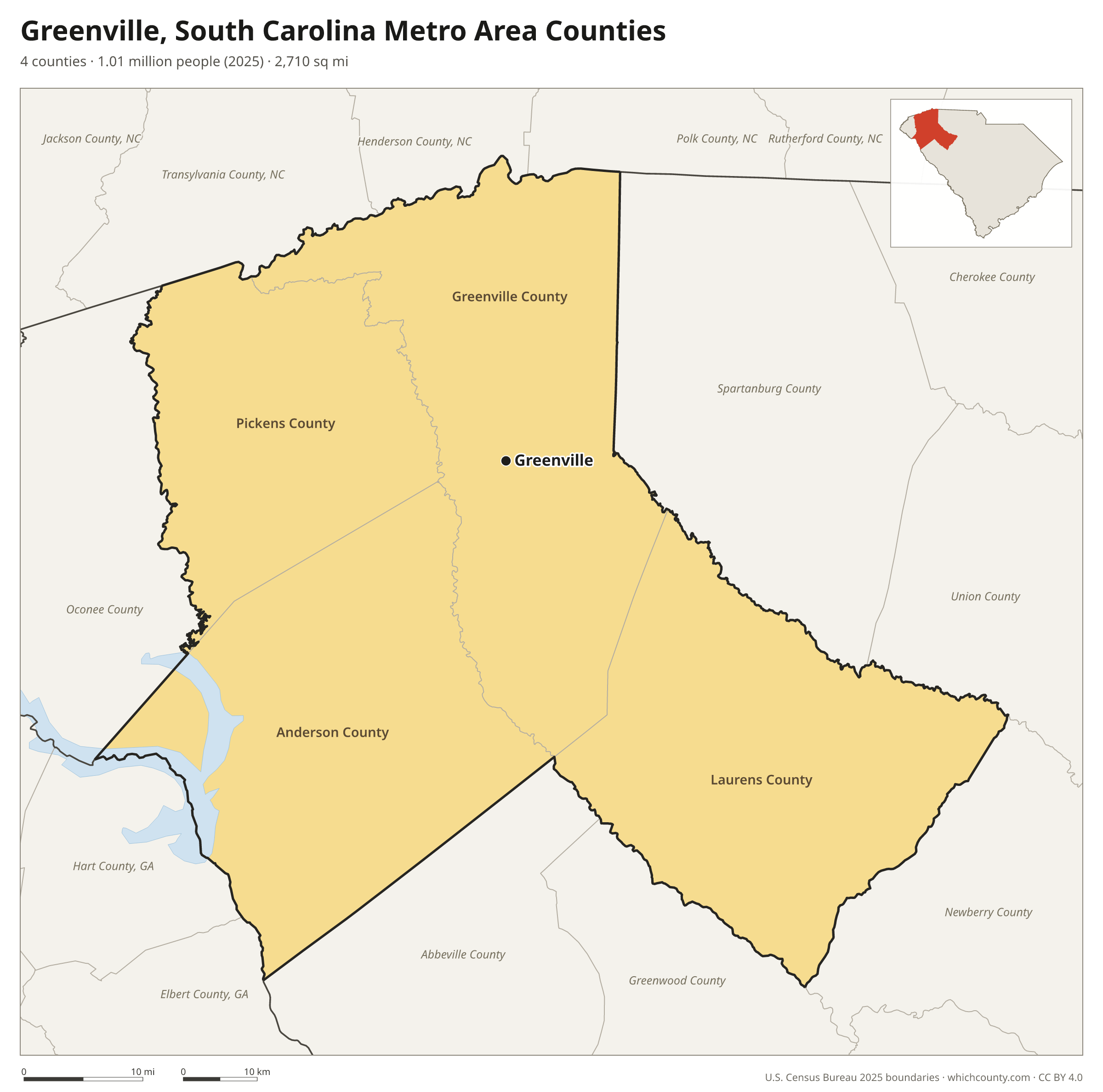 Map of the 4 counties of the Greenville, South Carolina metro area with county names and major cities