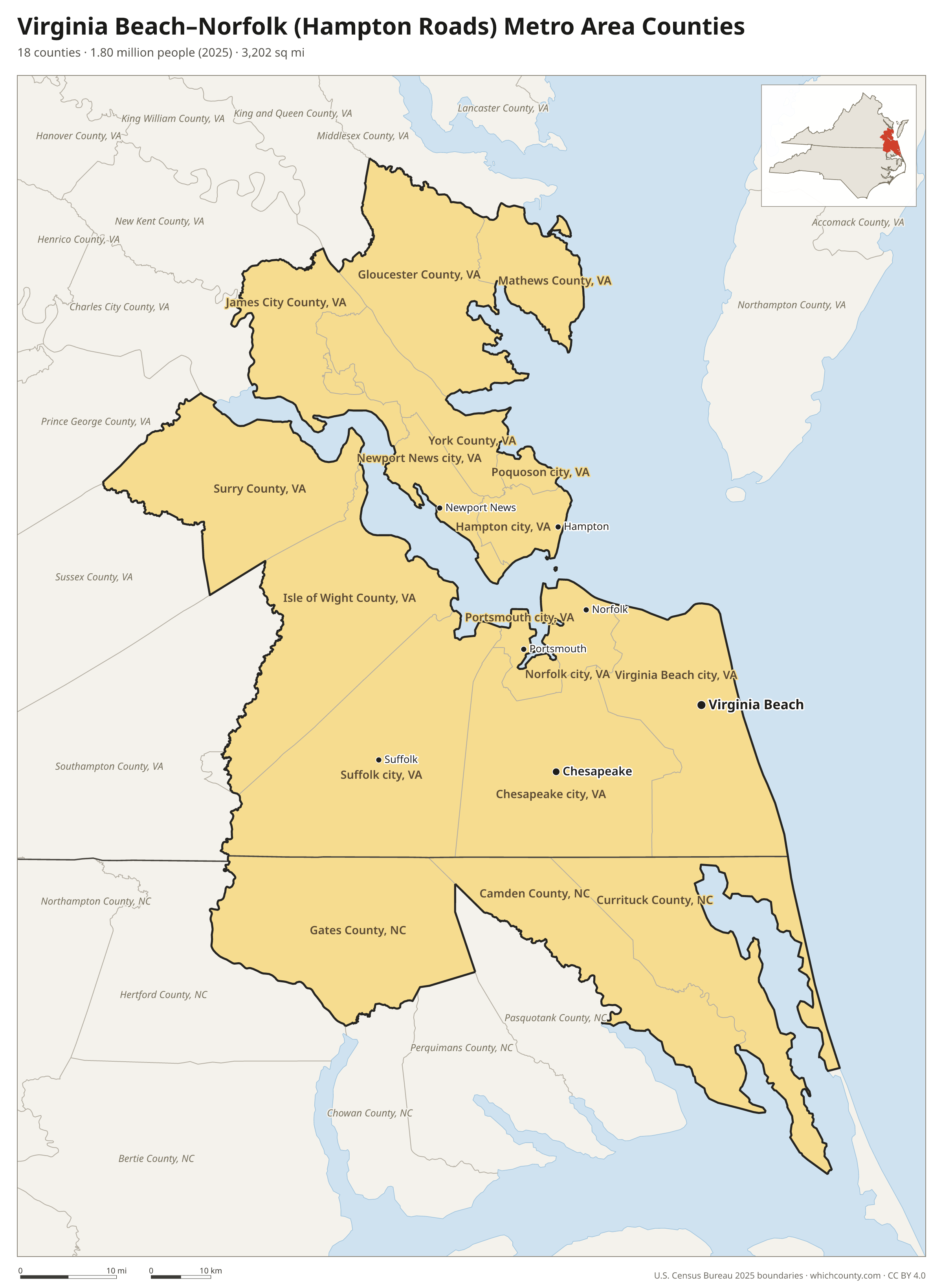 Map of the 18 counties of the Virginia Beach–Norfolk (Hampton Roads) metro area with county names and major cities