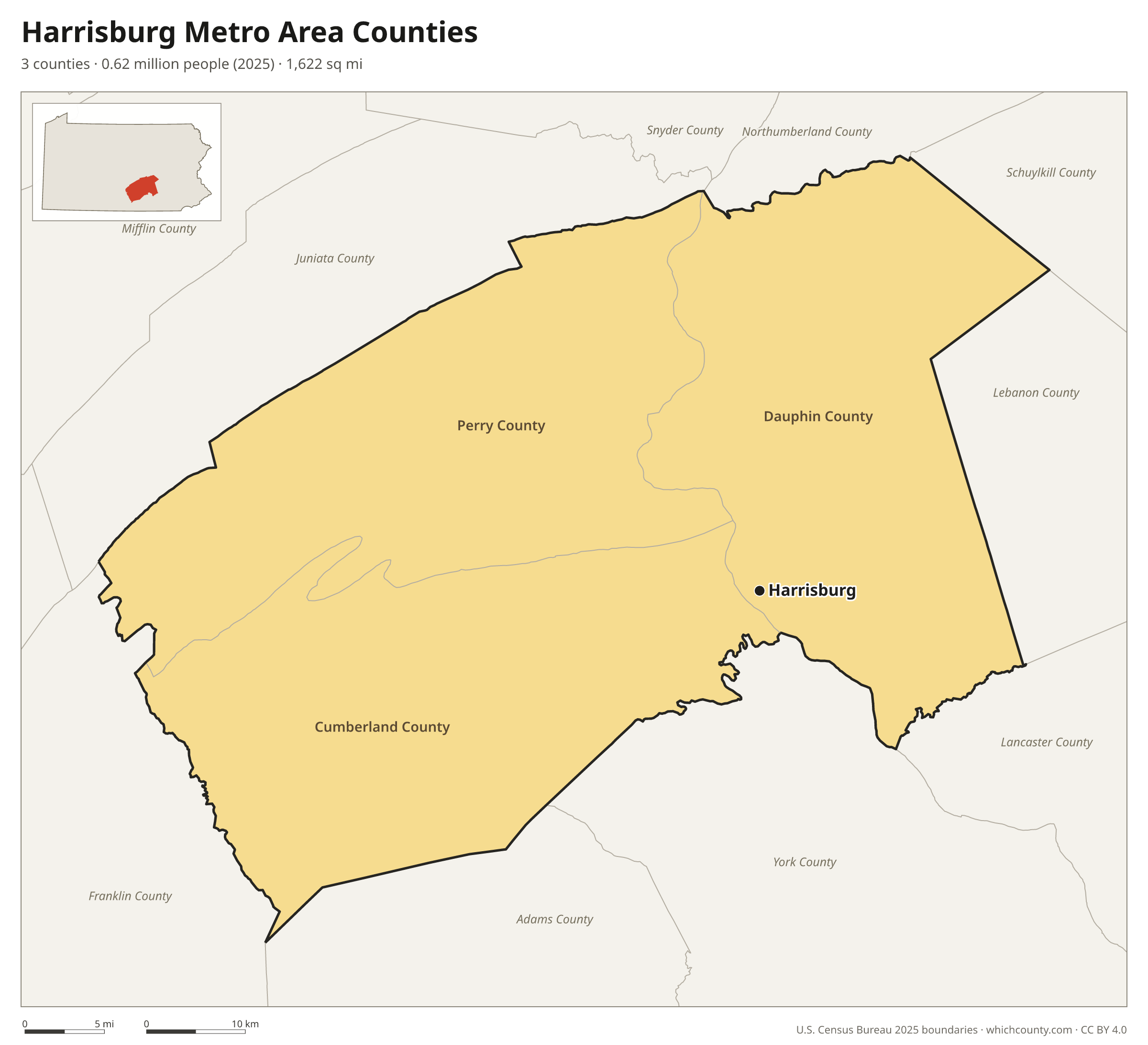 Map of the 3 counties of the Harrisburg metro area with county names and major cities