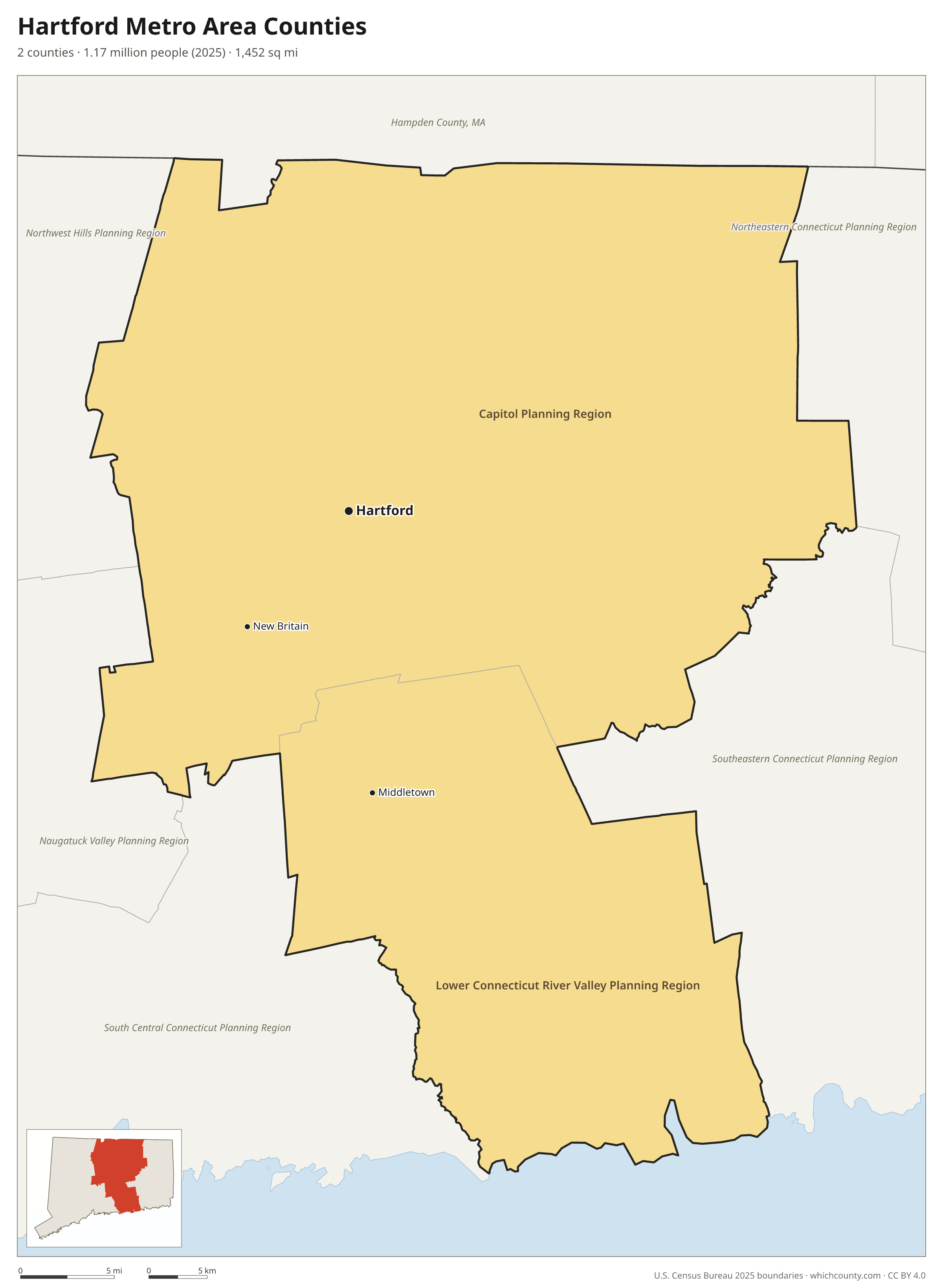 Map of the 2 counties of the Hartford metro area with county names and major cities