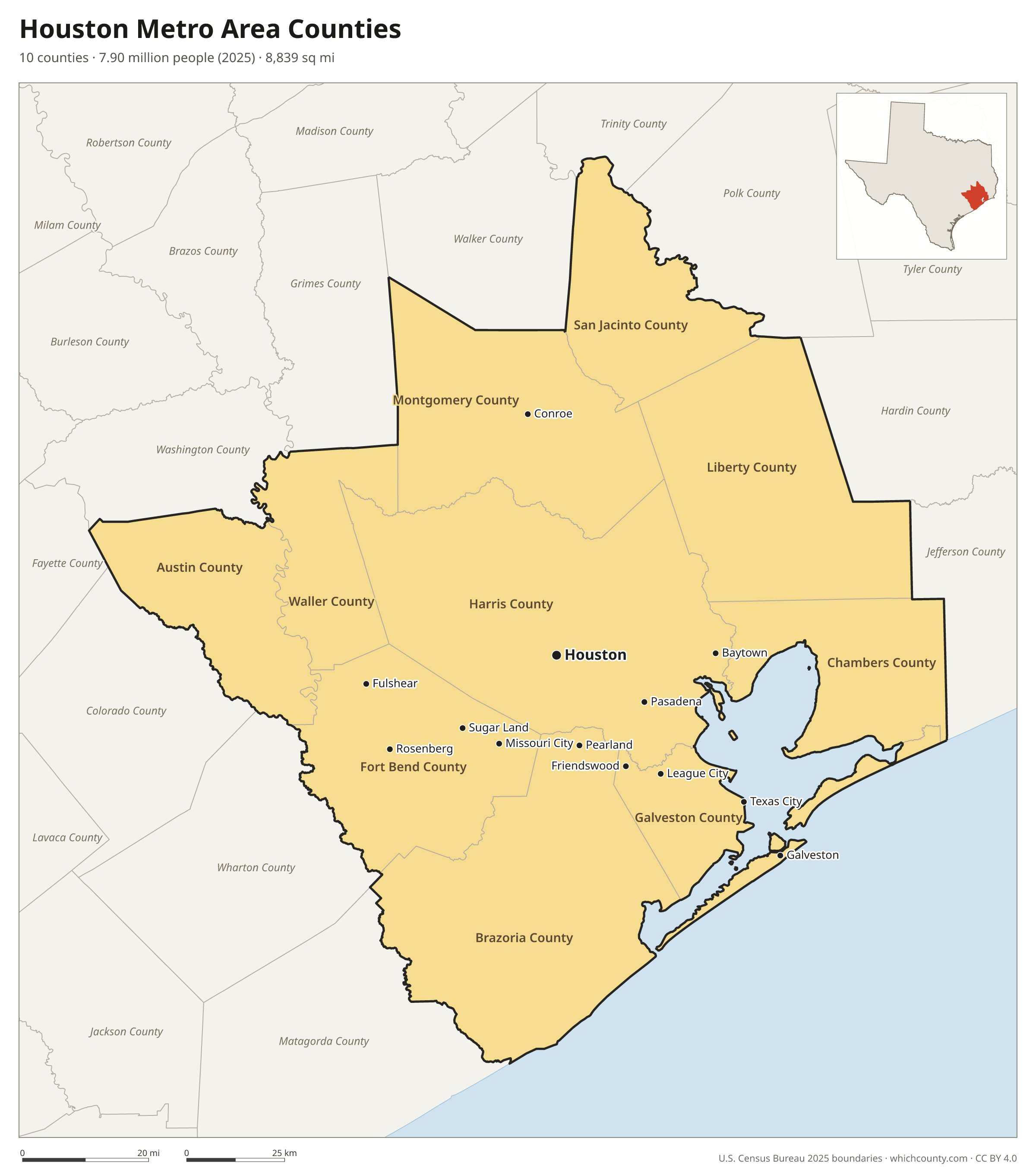Map of the 10 counties of the Houston metro area with county names and major cities