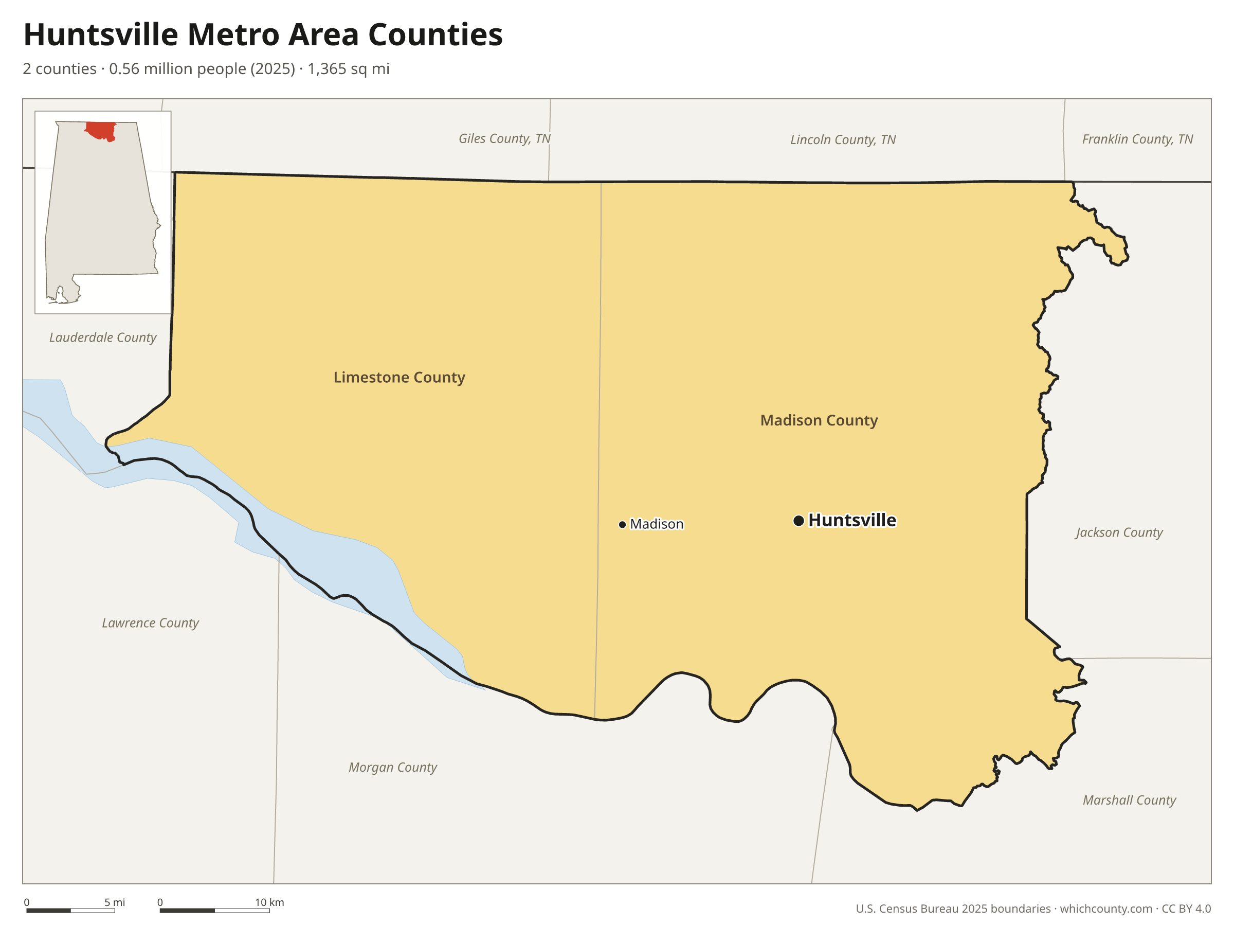 Map of the 2 counties of the Huntsville metro area with county names and major cities