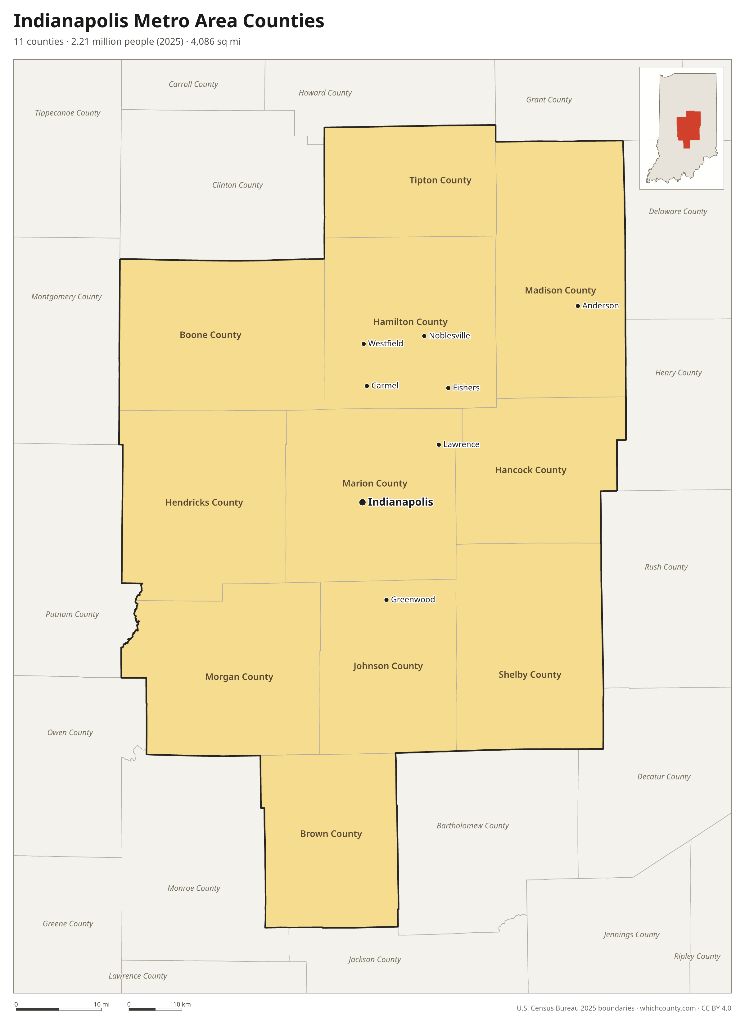 Map of the 11 counties of the Indianapolis metro area with county names and major cities