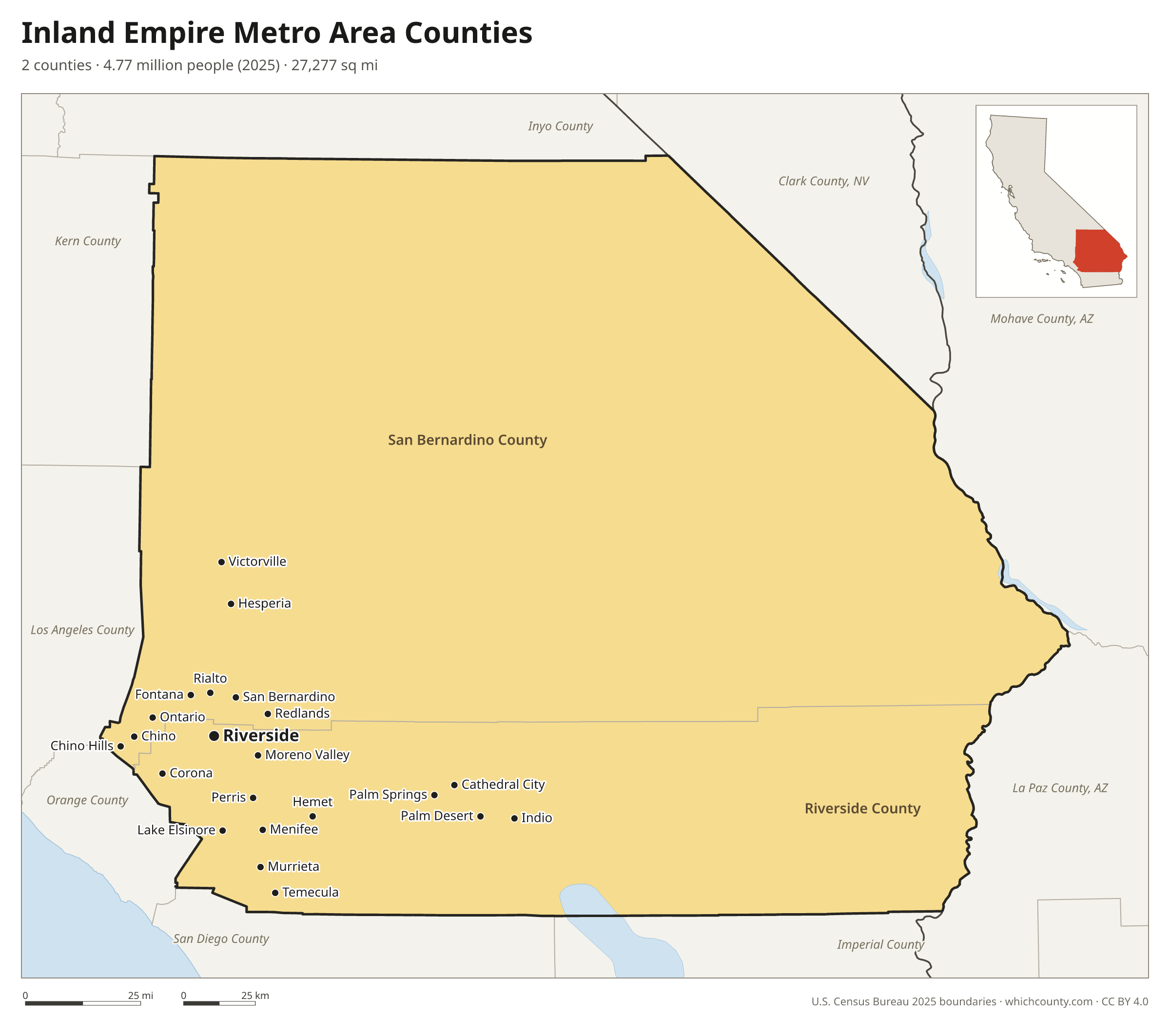Map of the 2 counties of the Inland Empire metro area with county names and major cities
