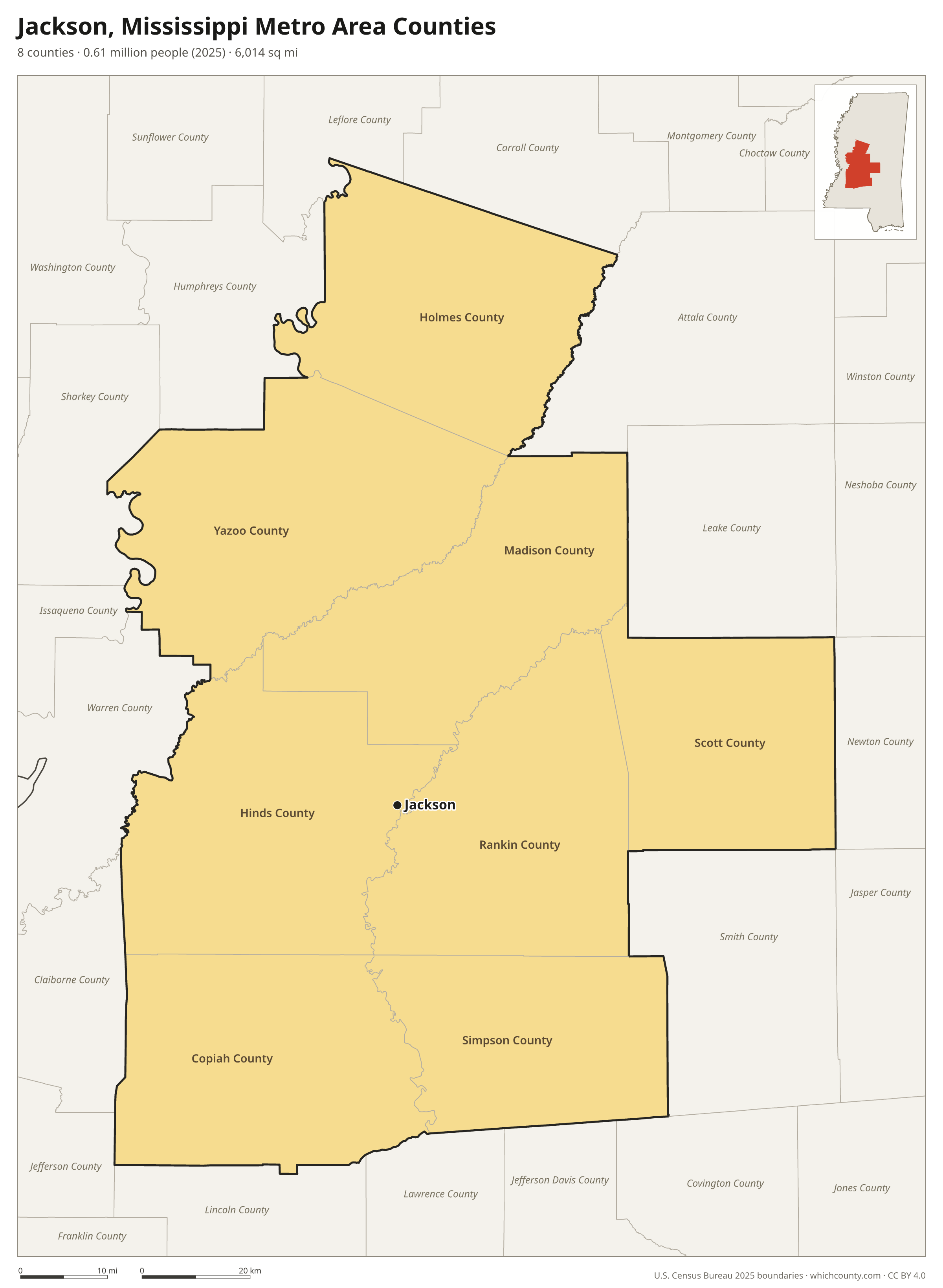 Map of the 8 counties of the Jackson, Mississippi metro area with county names and major cities