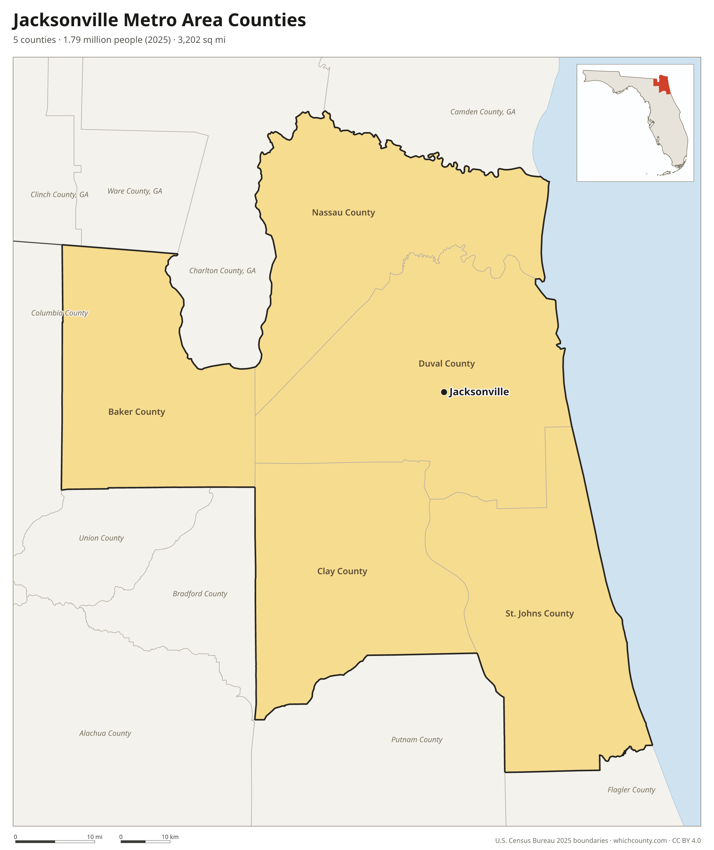 Map of the 5 counties of the Jacksonville metro area with county names and major cities