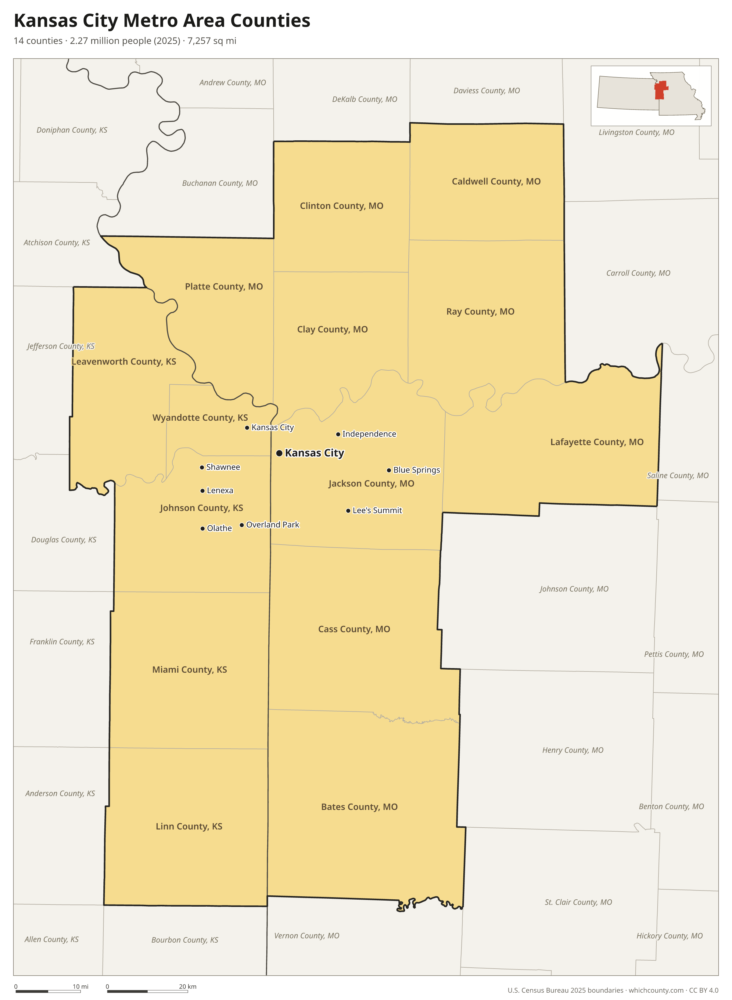 Map of the 14 counties of the Kansas City metro area with county names and major cities