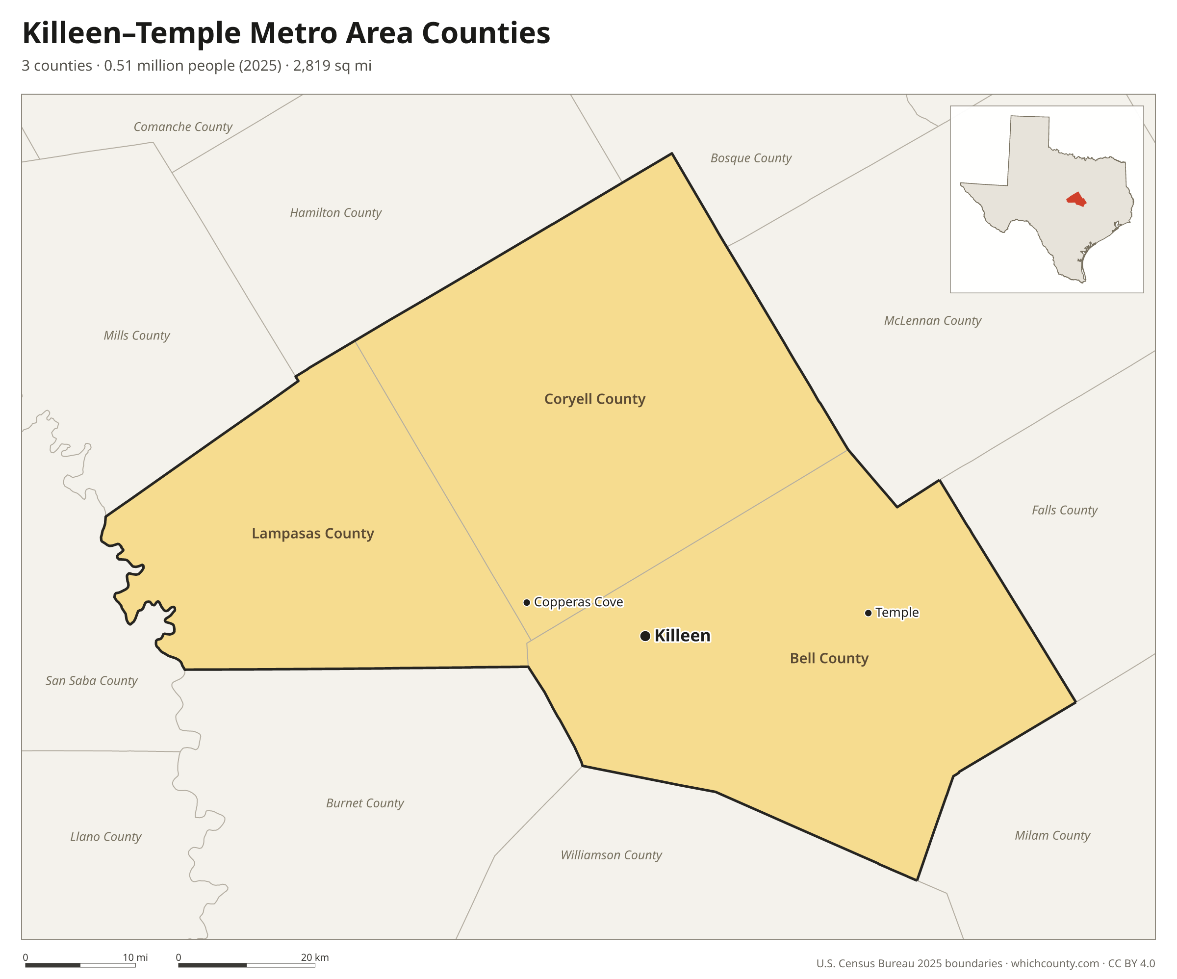 Map of the 3 counties of the Killeen–Temple metro area with county names and major cities
