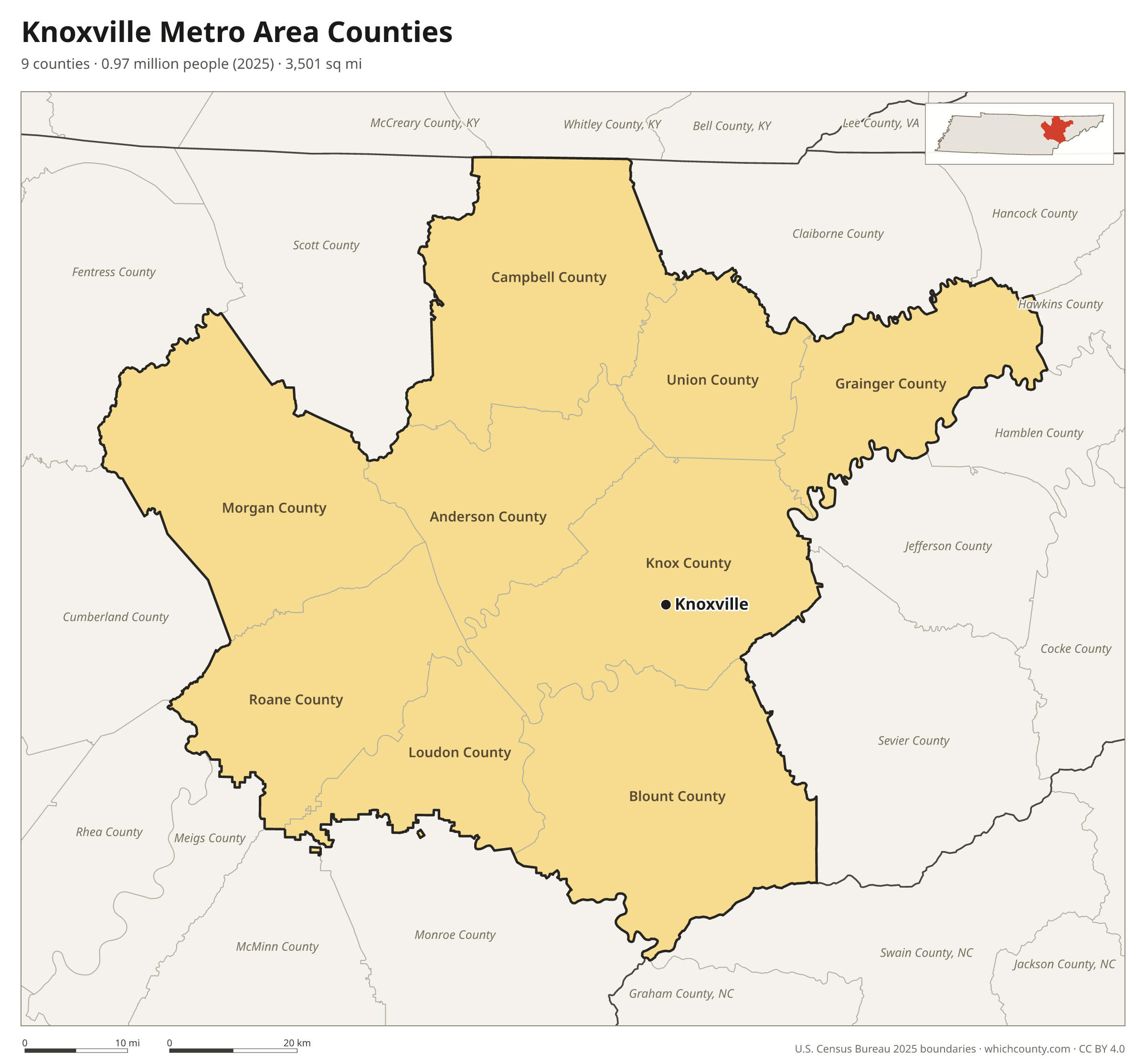 Map of the 9 counties of the Knoxville metro area with county names and major cities