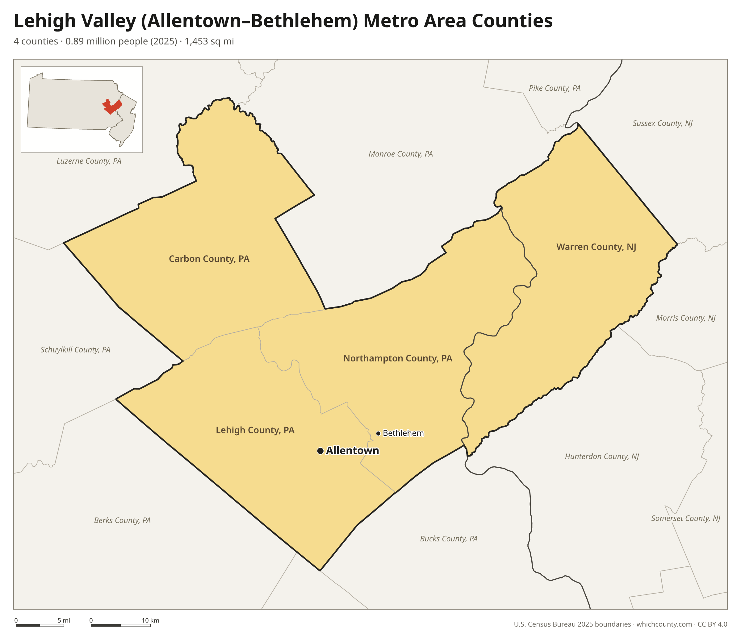 Map of the 4 counties of the Lehigh Valley (Allentown–Bethlehem) metro area with county names and major cities