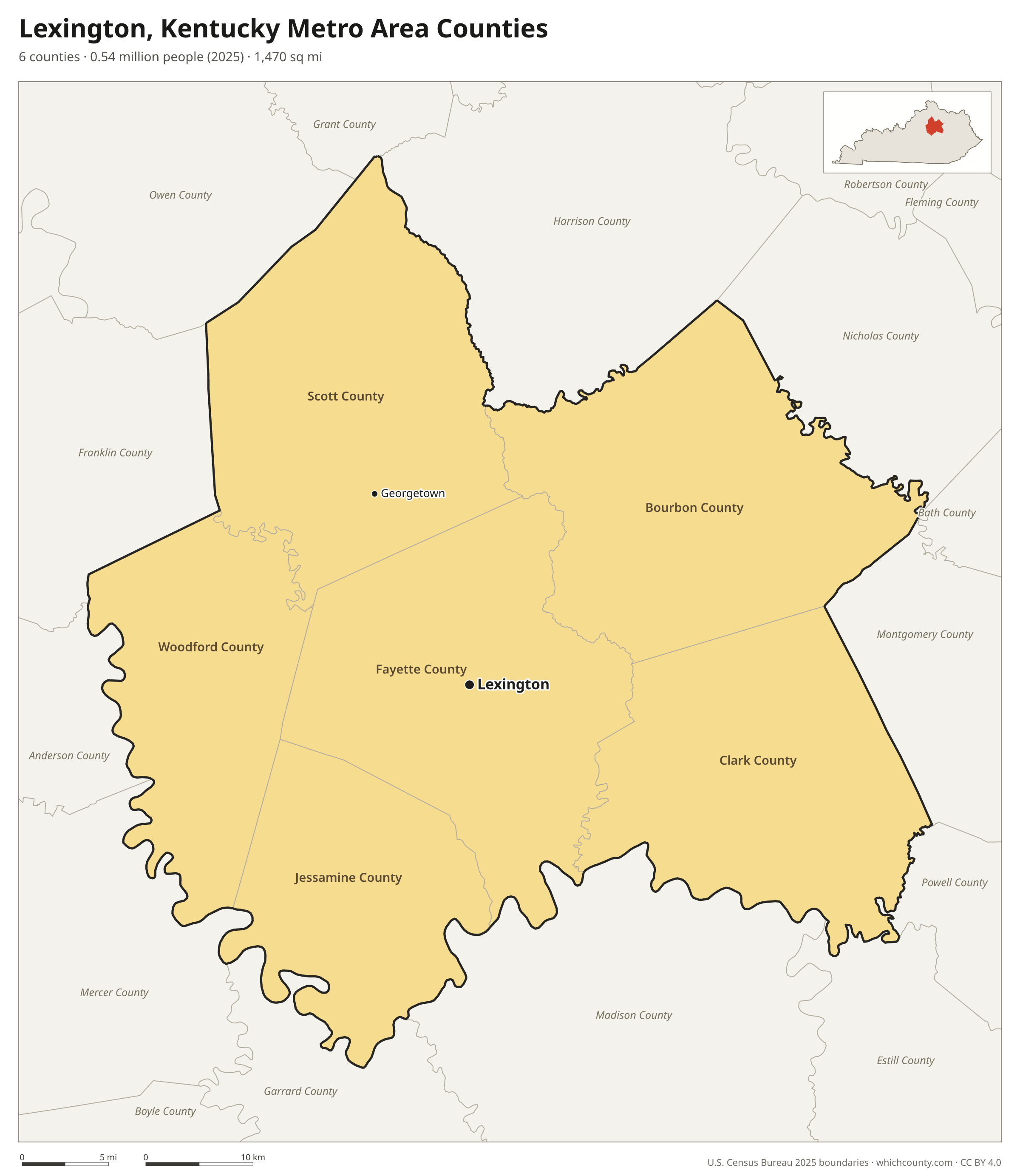 Map of the 6 counties of the Lexington, Kentucky metro area with county names and major cities