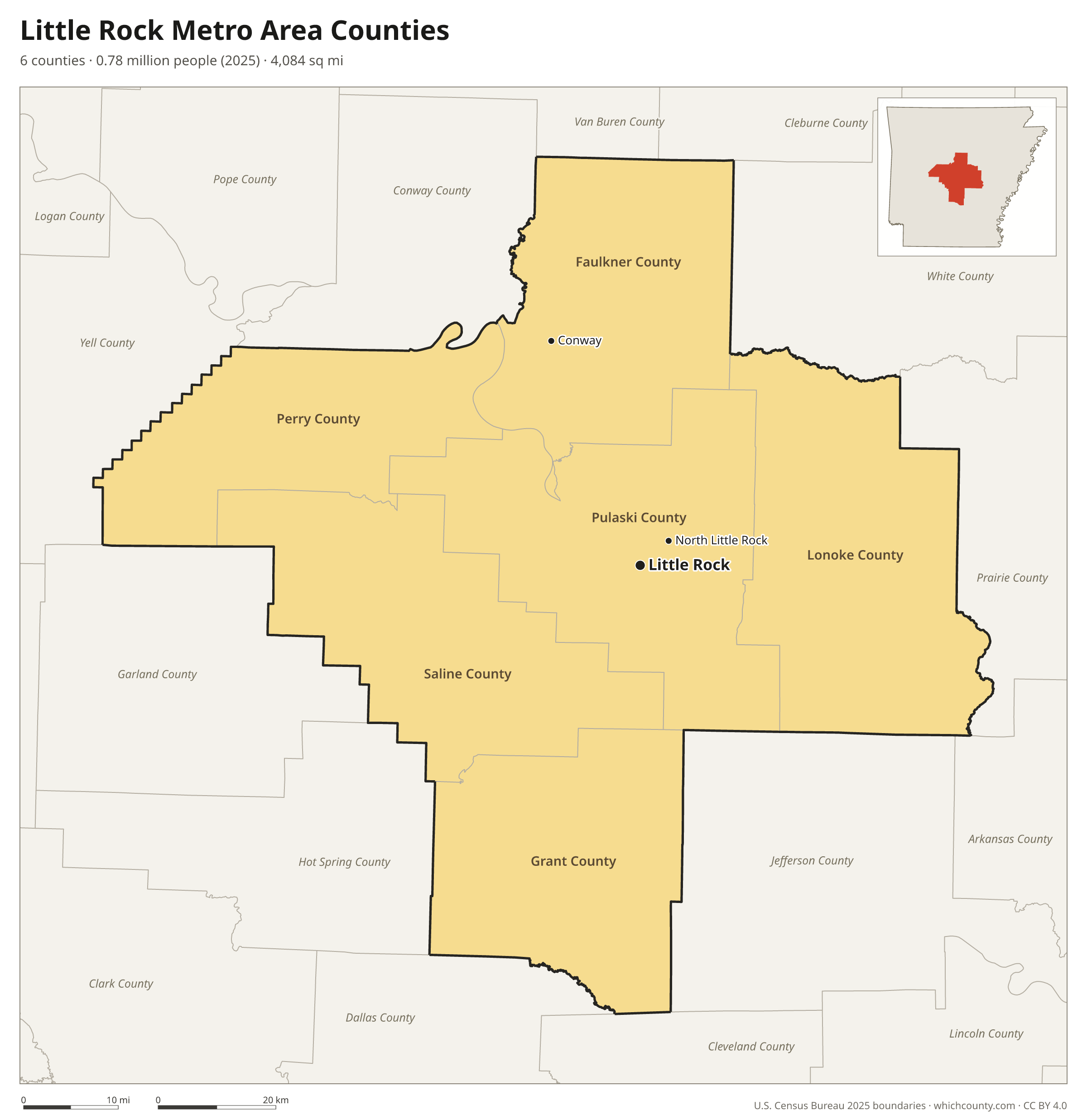 Map of the 6 counties of the Little Rock metro area with county names and major cities