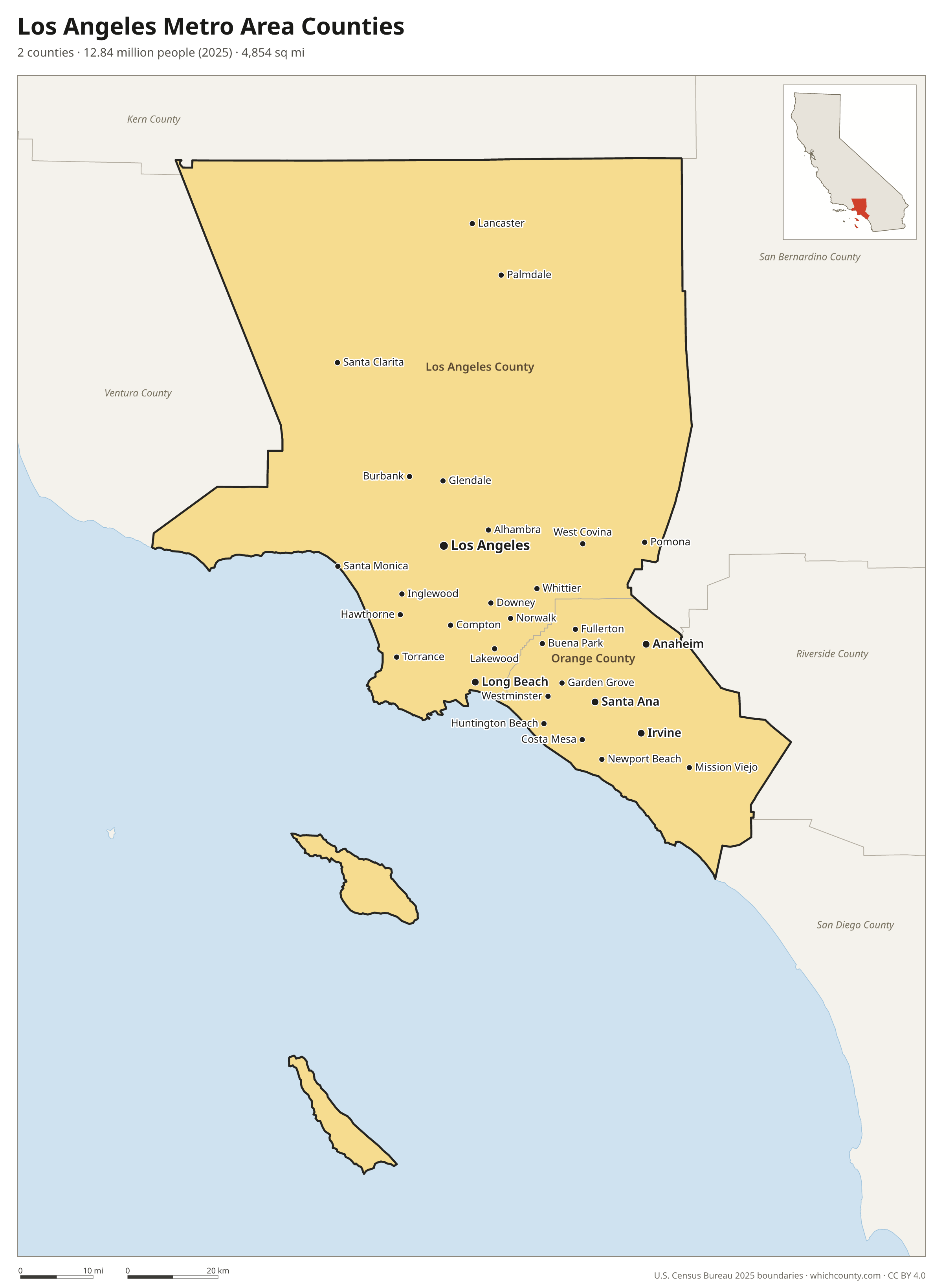 Map of the 2 counties of the Los Angeles metro area with county names and major cities