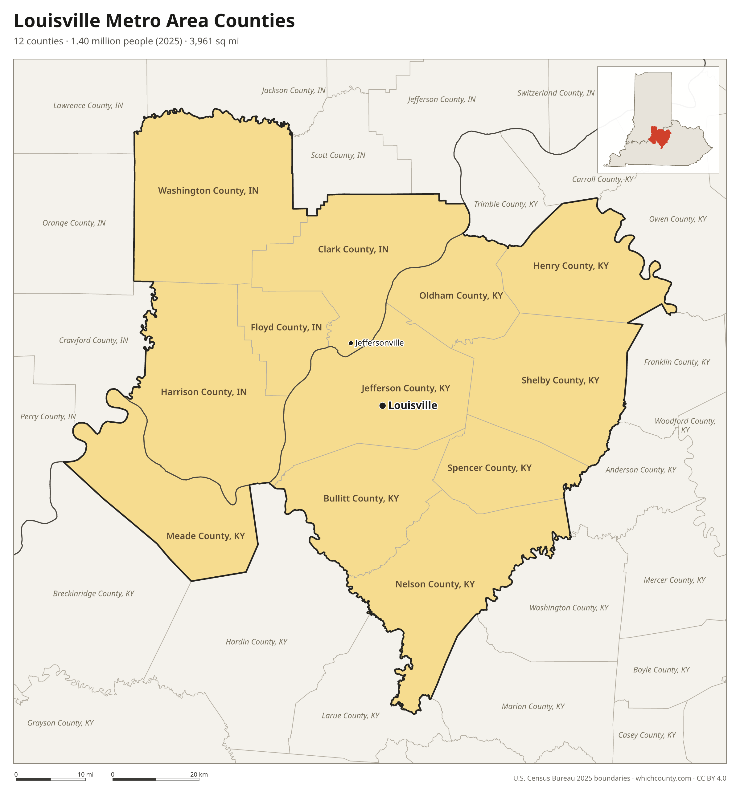 Map of the 12 counties of the Louisville metro area with county names and major cities