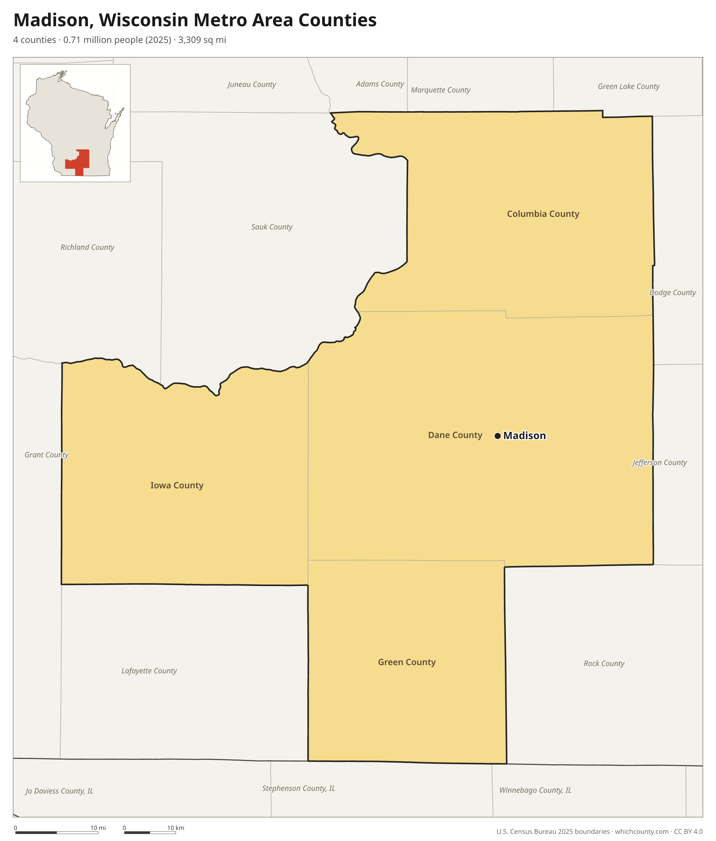 Map of the 4 counties of the Madison, Wisconsin metro area with county names and major cities