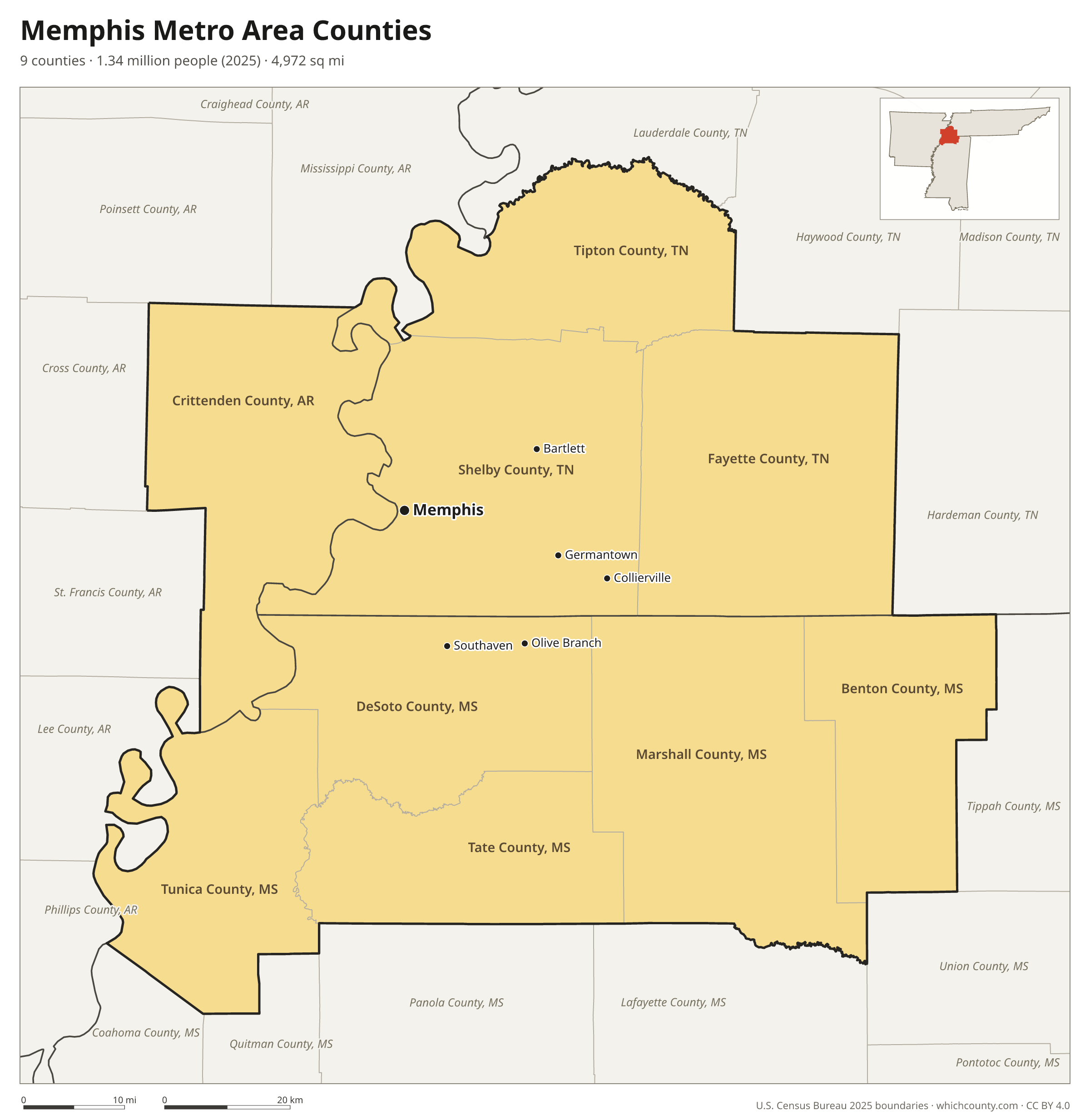 Map of the 9 counties of the Memphis metro area with county names and major cities