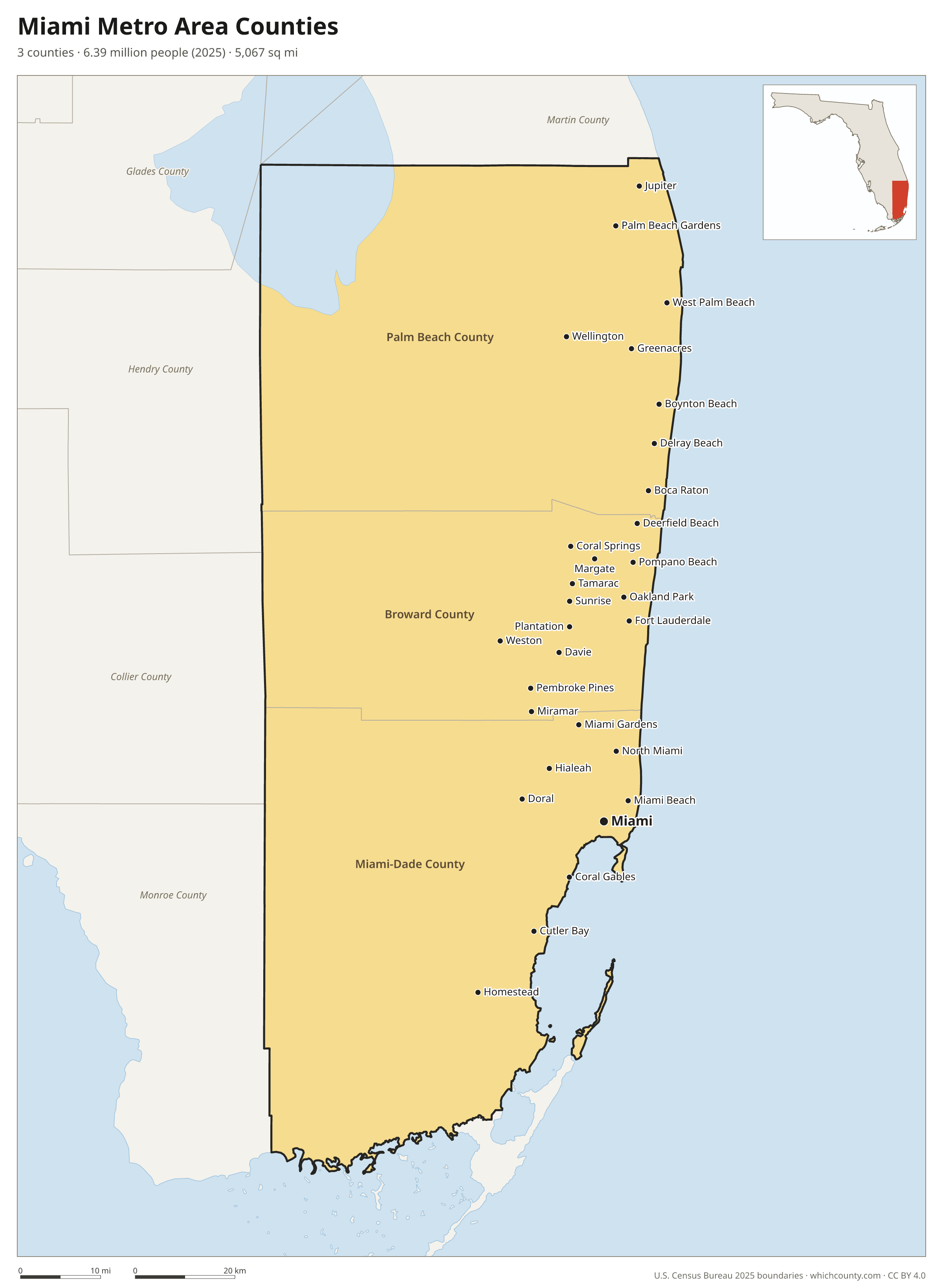 Map of the 3 counties of the Miami metro area with county names and major cities