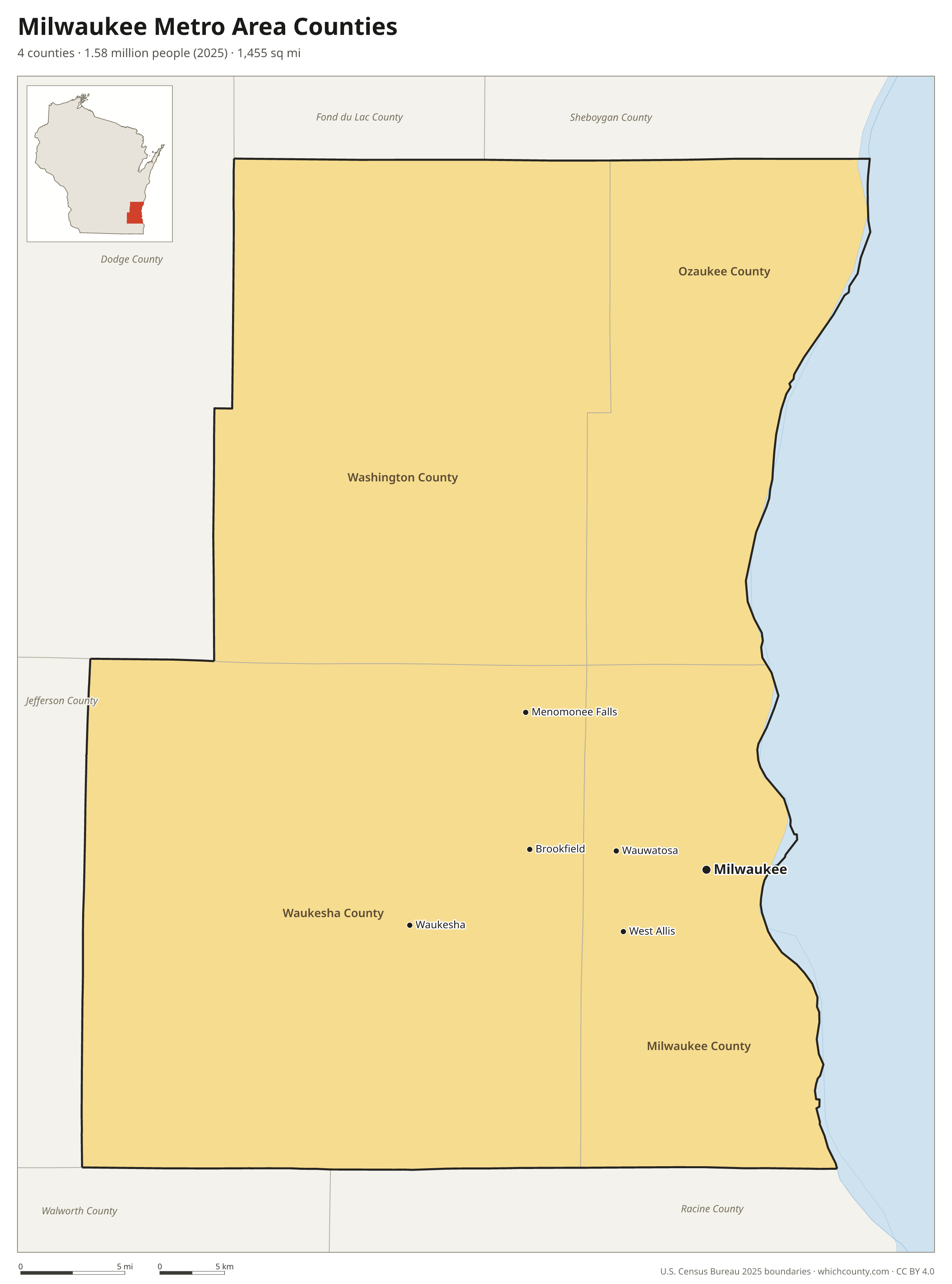 Map of the 4 counties of the Milwaukee metro area with county names and major cities