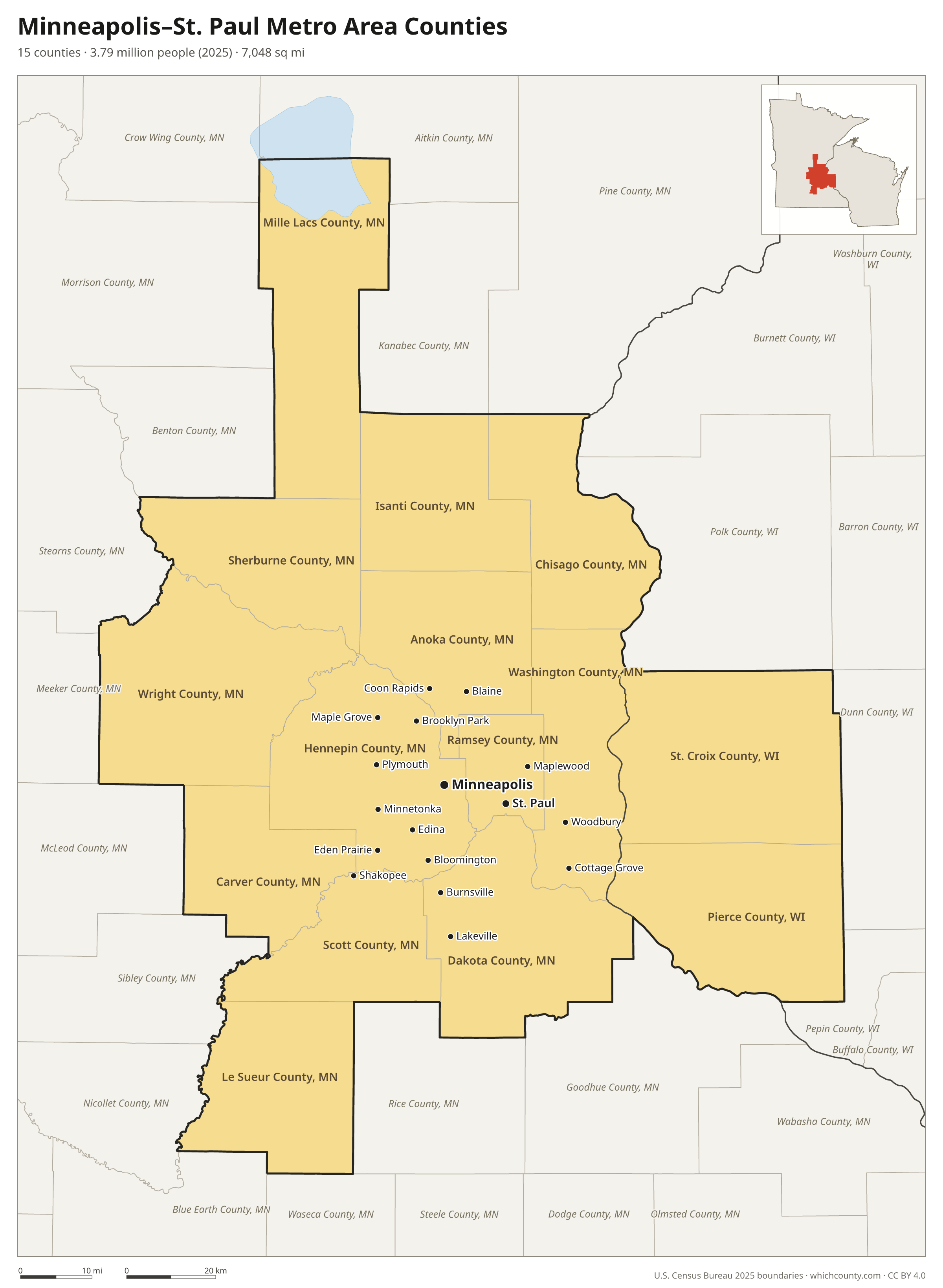 Map of the 15 counties of the Minneapolis–St. Paul metro area with county names and major cities
