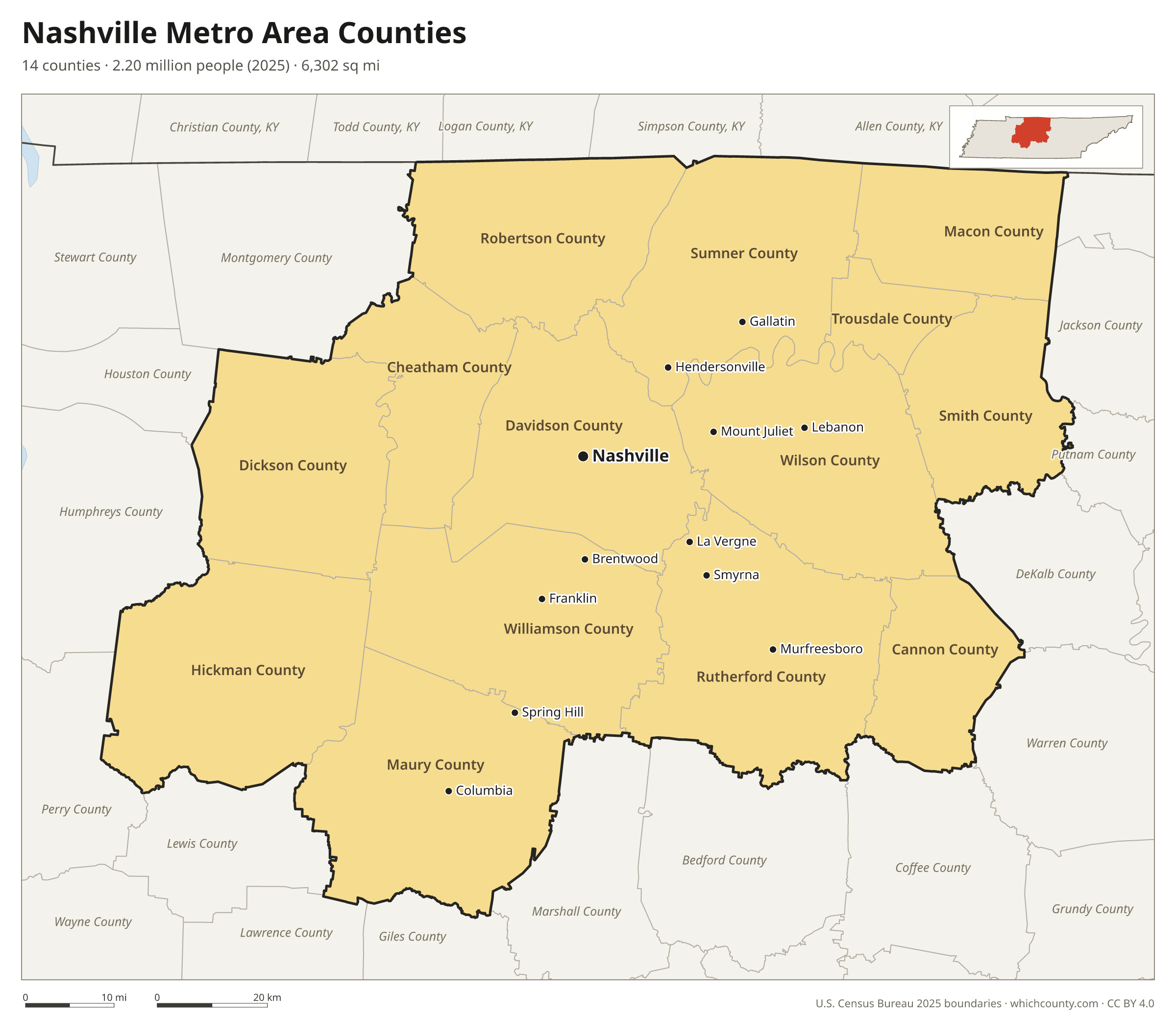 Map of the 14 counties of the Nashville metro area with county names and major cities