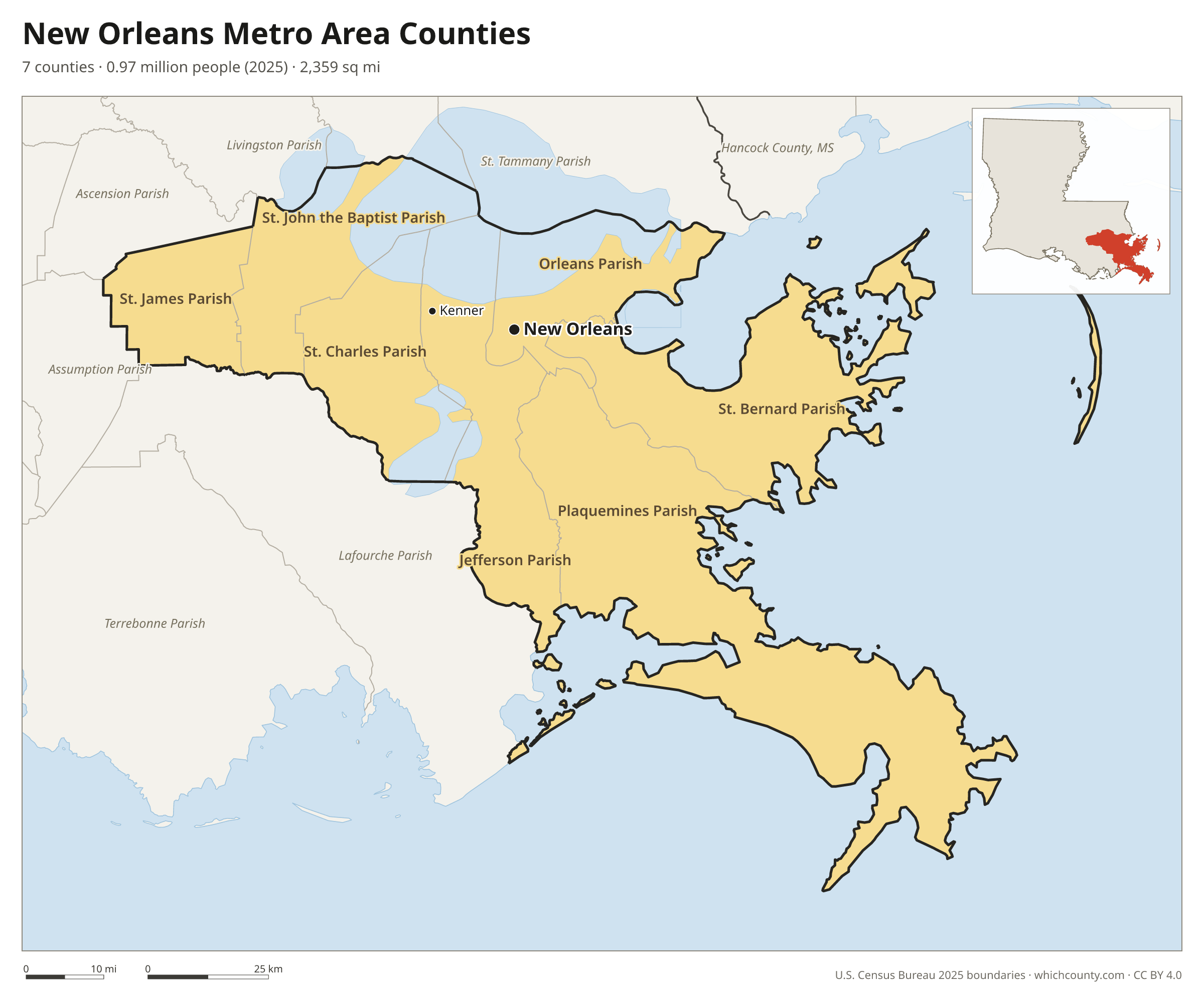 Map of the 7 counties of the New Orleans metro area with county names and major cities