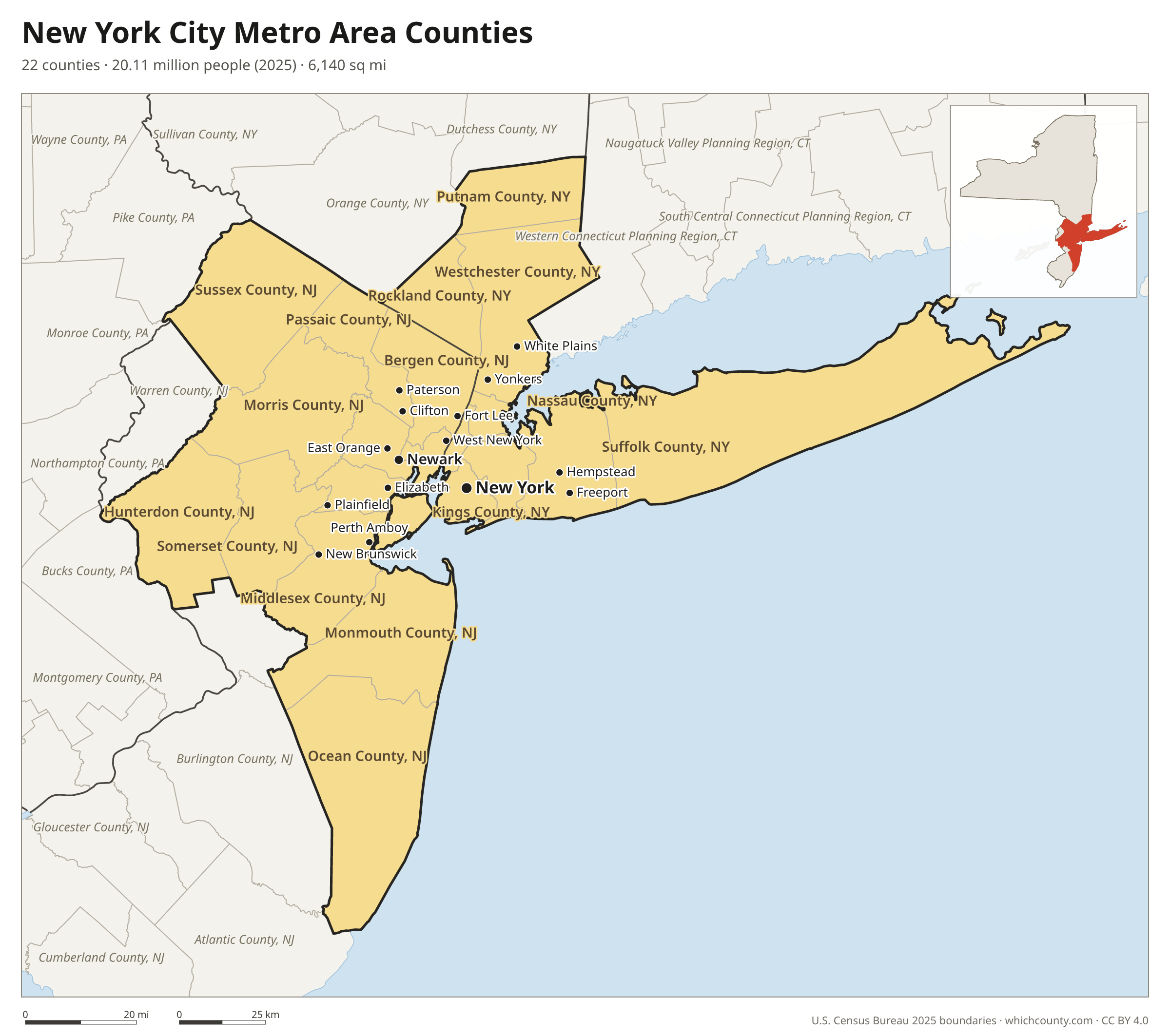 Map of the 22 counties of the New York City metro area with county names and major cities
