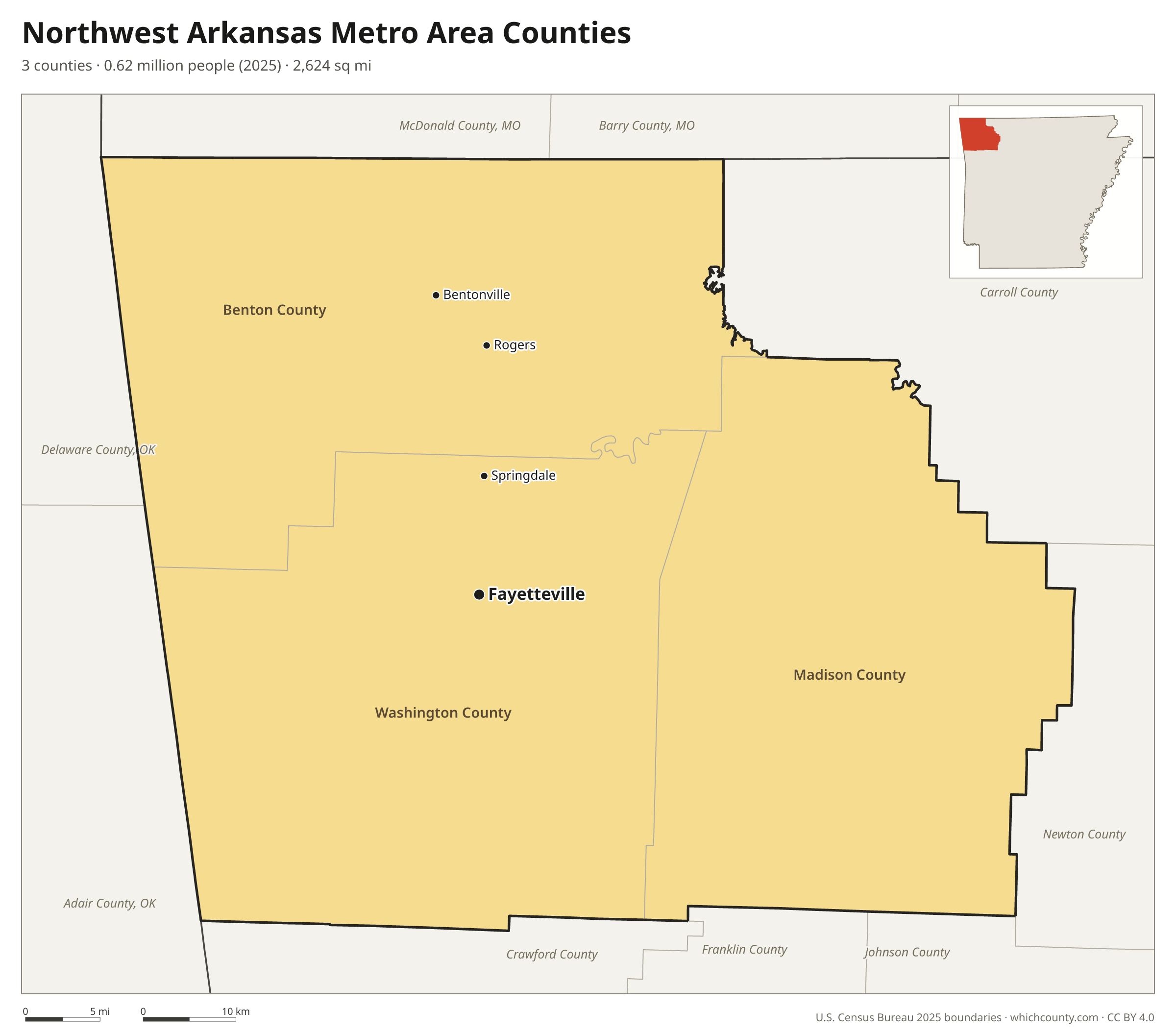 Map of the 3 counties of the Northwest Arkansas metro area with county names and major cities