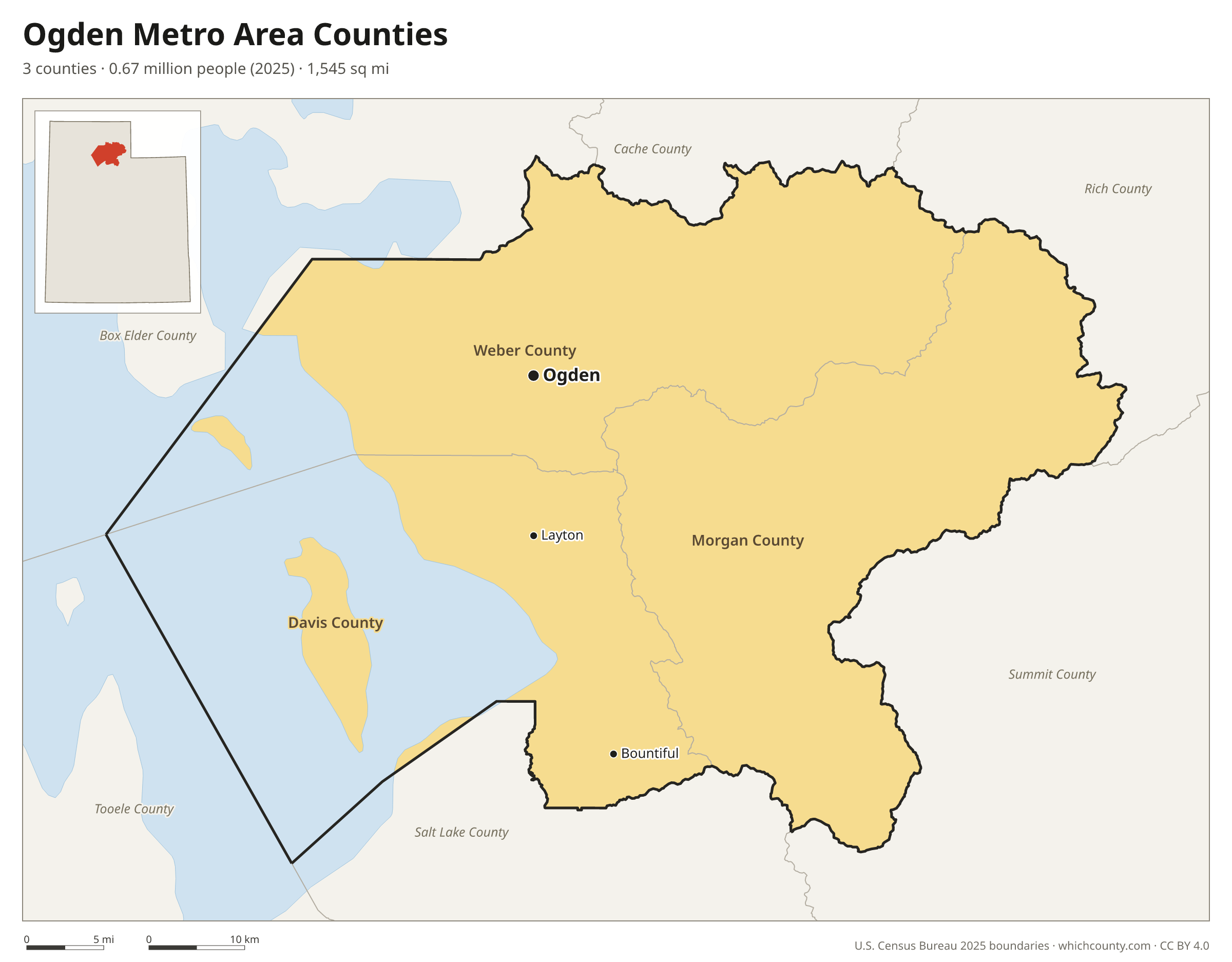 Map of the 3 counties of the Ogden metro area with county names and major cities