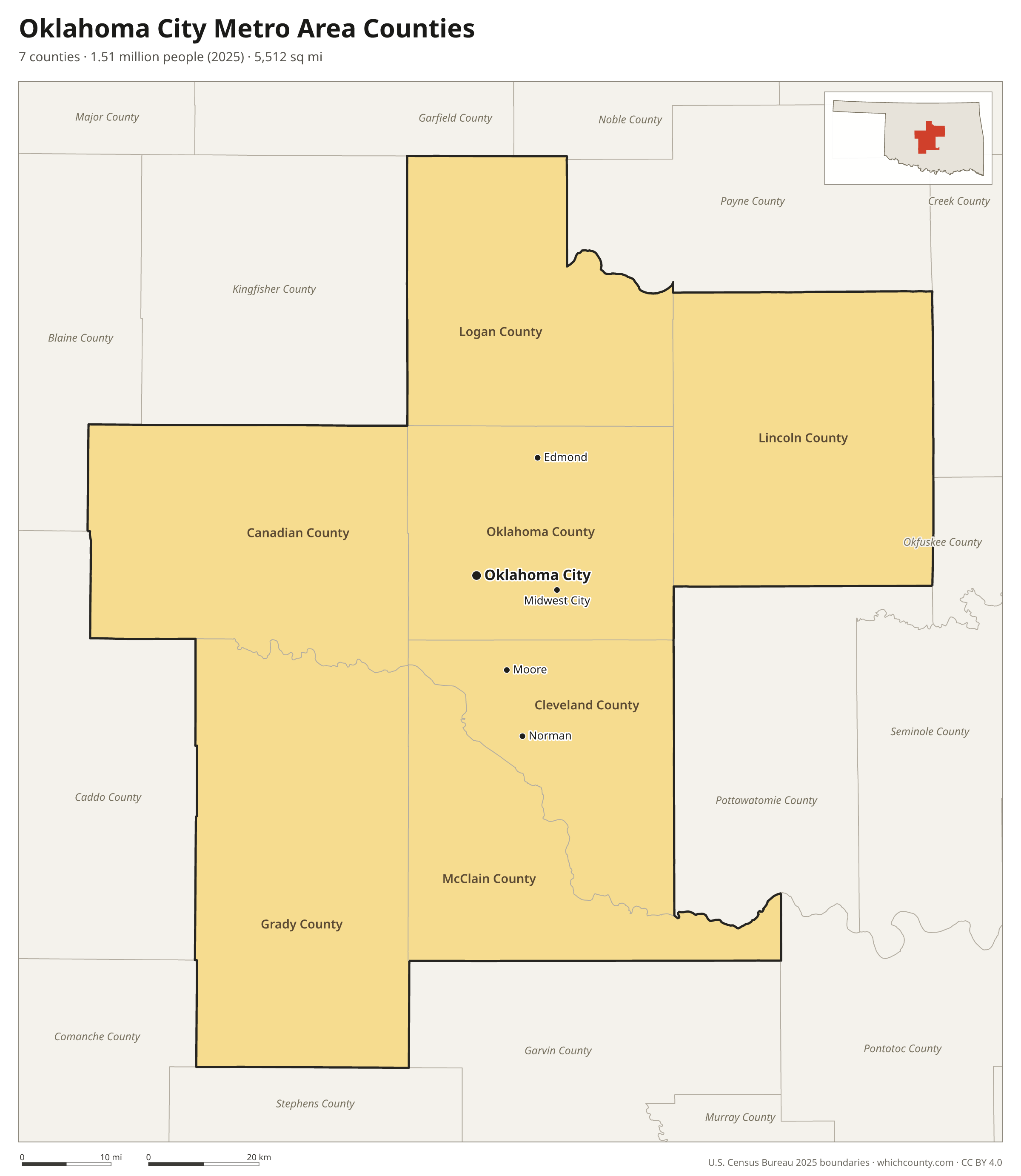 Map of the 7 counties of the Oklahoma City metro area with county names and major cities