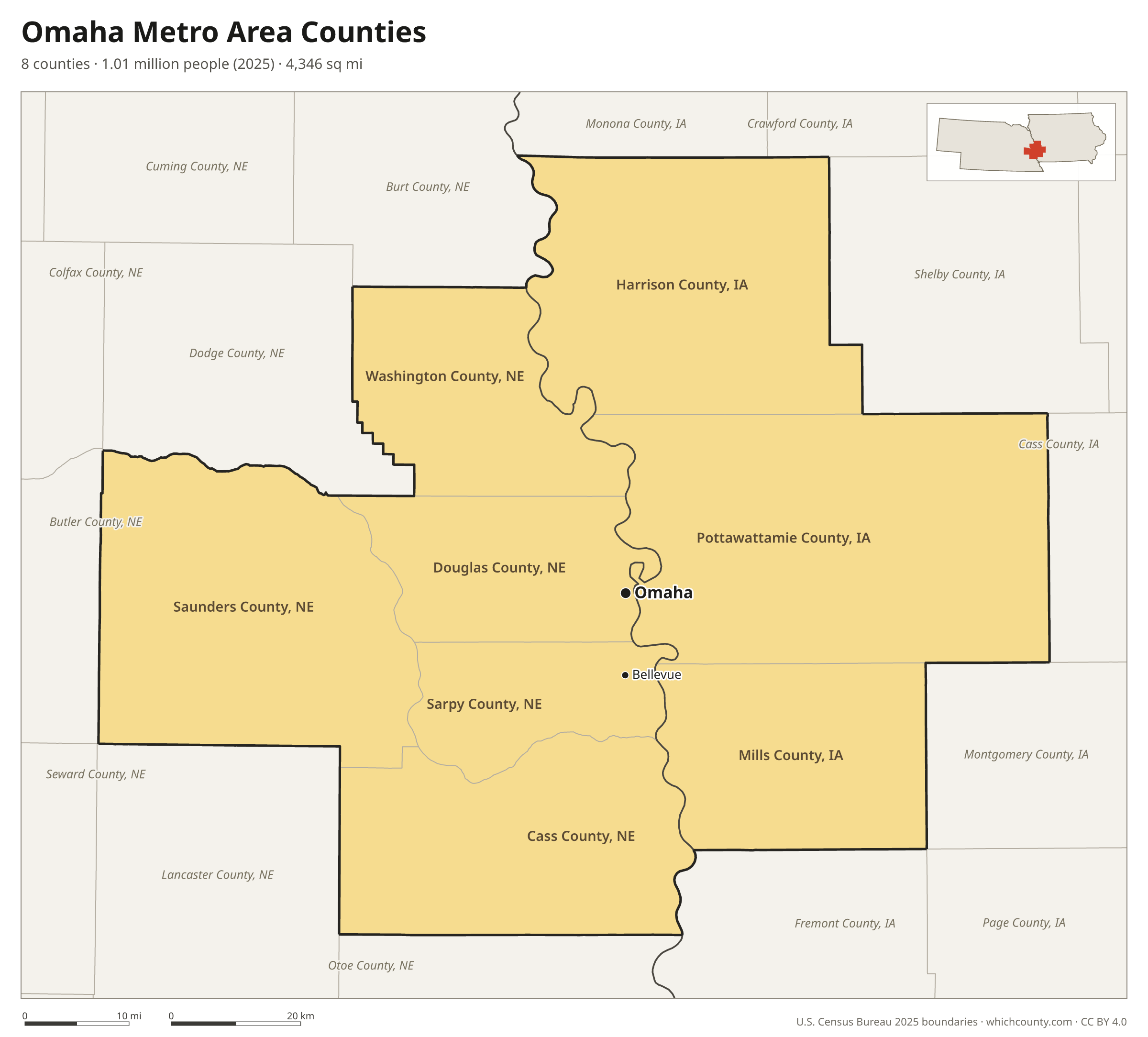 Map of the 8 counties of the Omaha metro area with county names and major cities