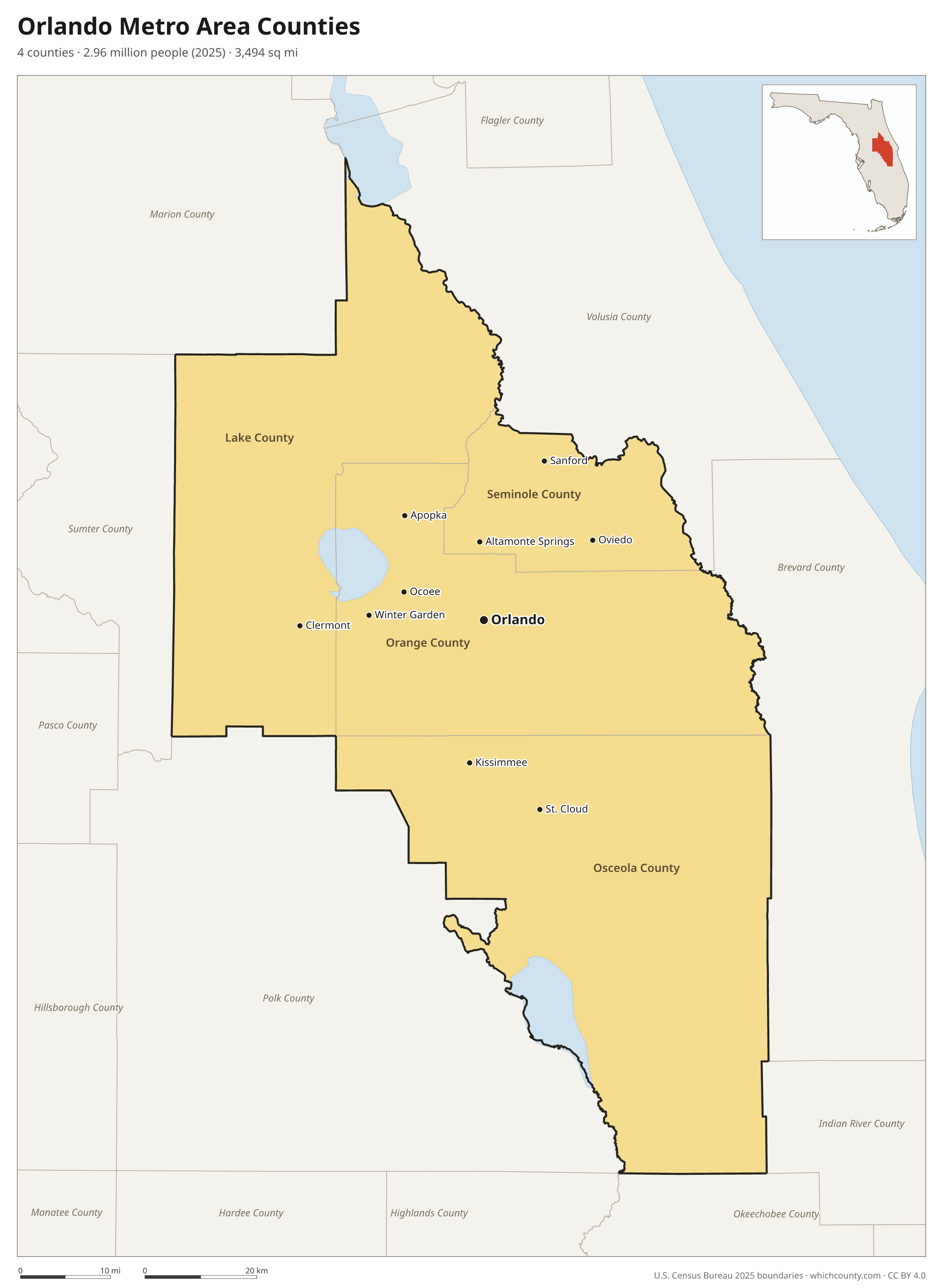 Map of the 4 counties of the Orlando metro area with county names and major cities